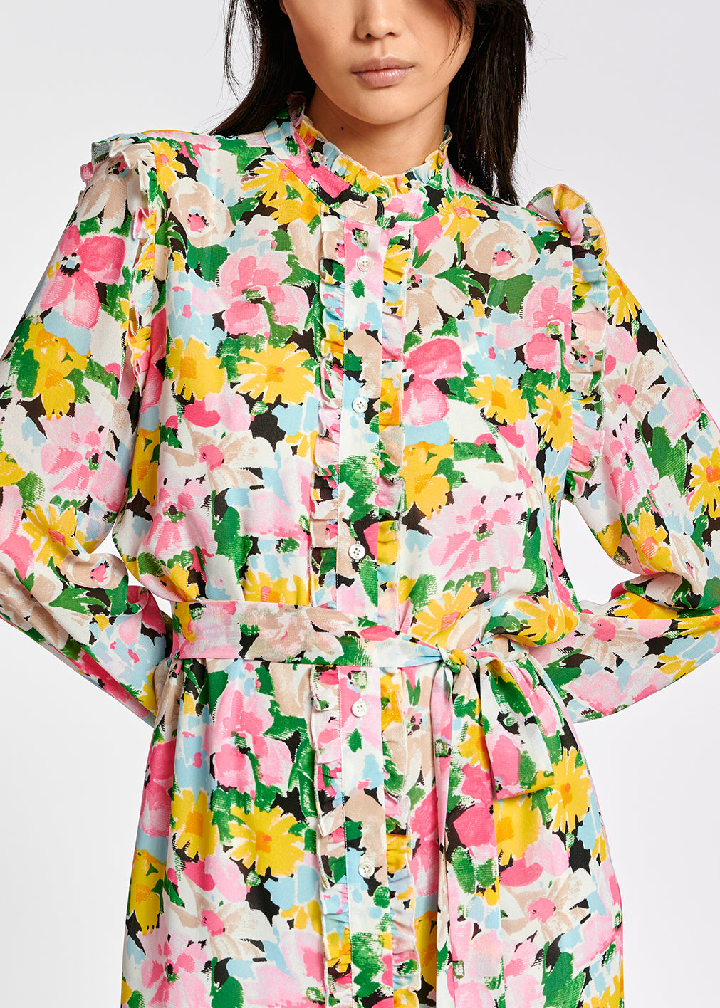 Kleurrijke hemdjurk met bloemen en ruches RE—SSENTIEL | Essentiel second hand