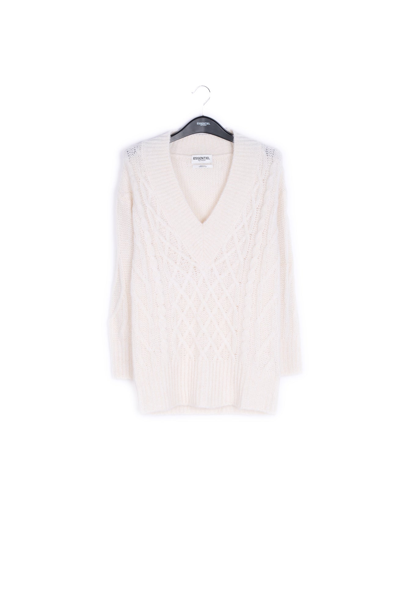 Off-white long cable-knit V-neck sweater RE—SSENTIEL | Essentiel second hand