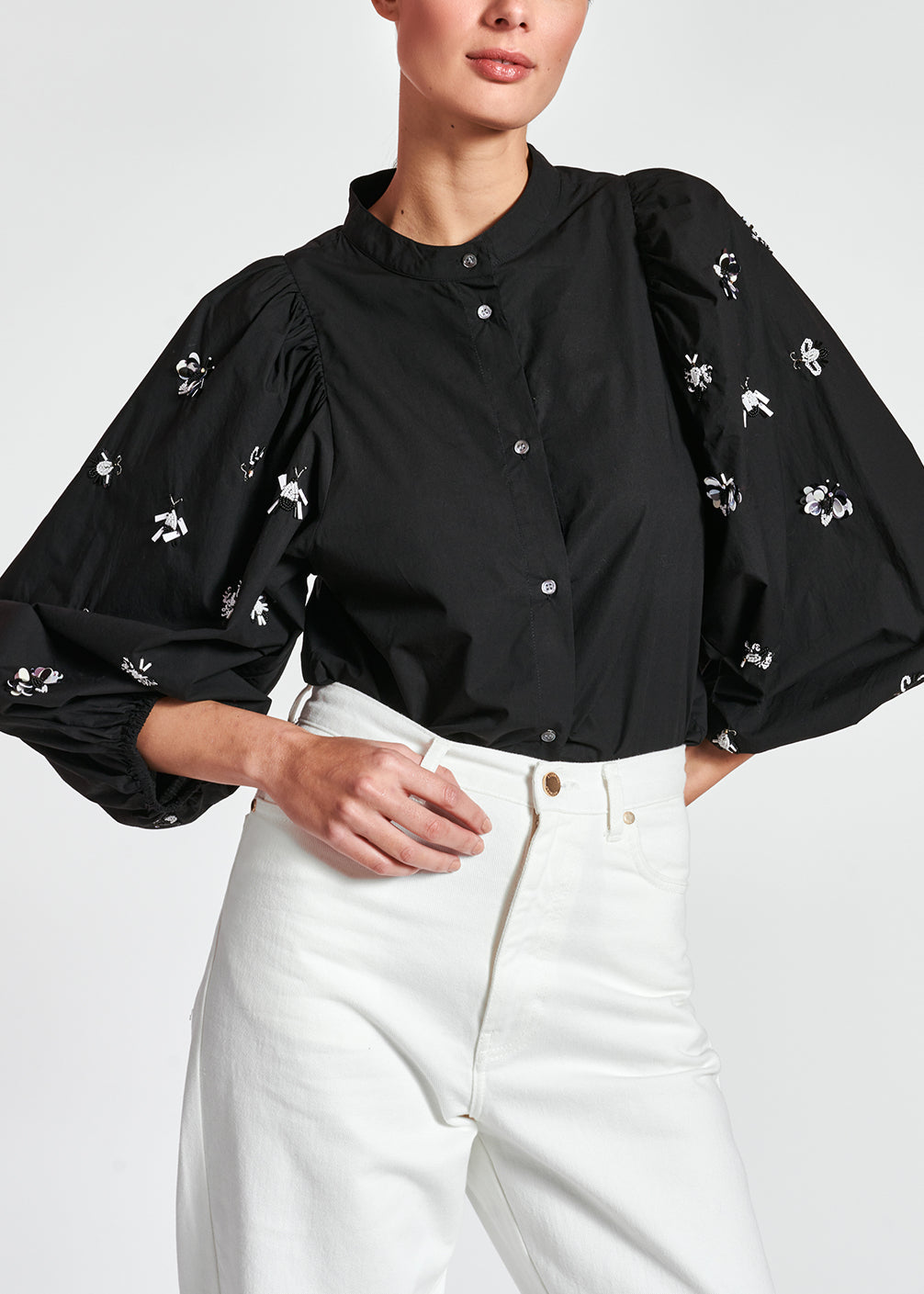 Black cotton-poplin embroidered puffed-sleeve shirt RE—SSENTIEL | Essentiel second hand
