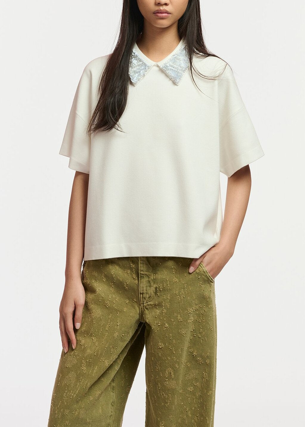 Off-white top with sequin-embellished collar RE—SSENTIEL | Essentiel second hand