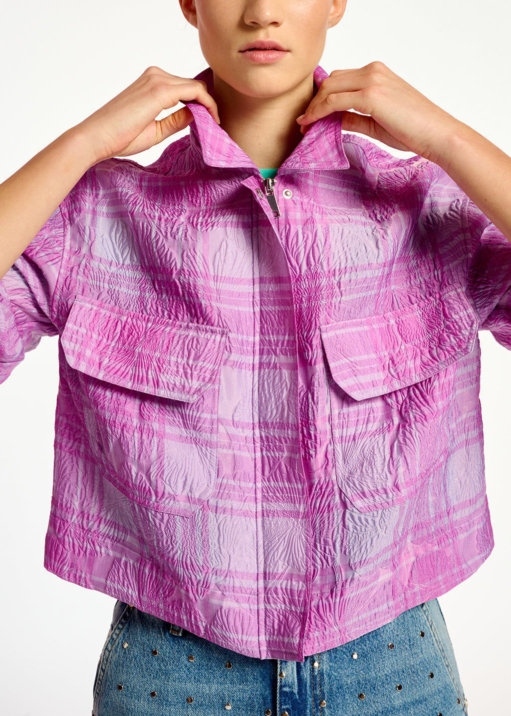 Lilac and purple checked cropped jacket RE—SSENTIEL | Essentiel second hand