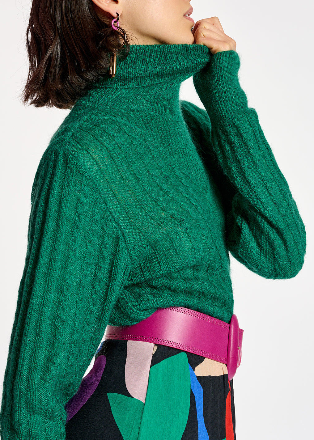 Dark green cable-knitted turtleneck sweater RE—SSENTIEL | Essentiel second hand