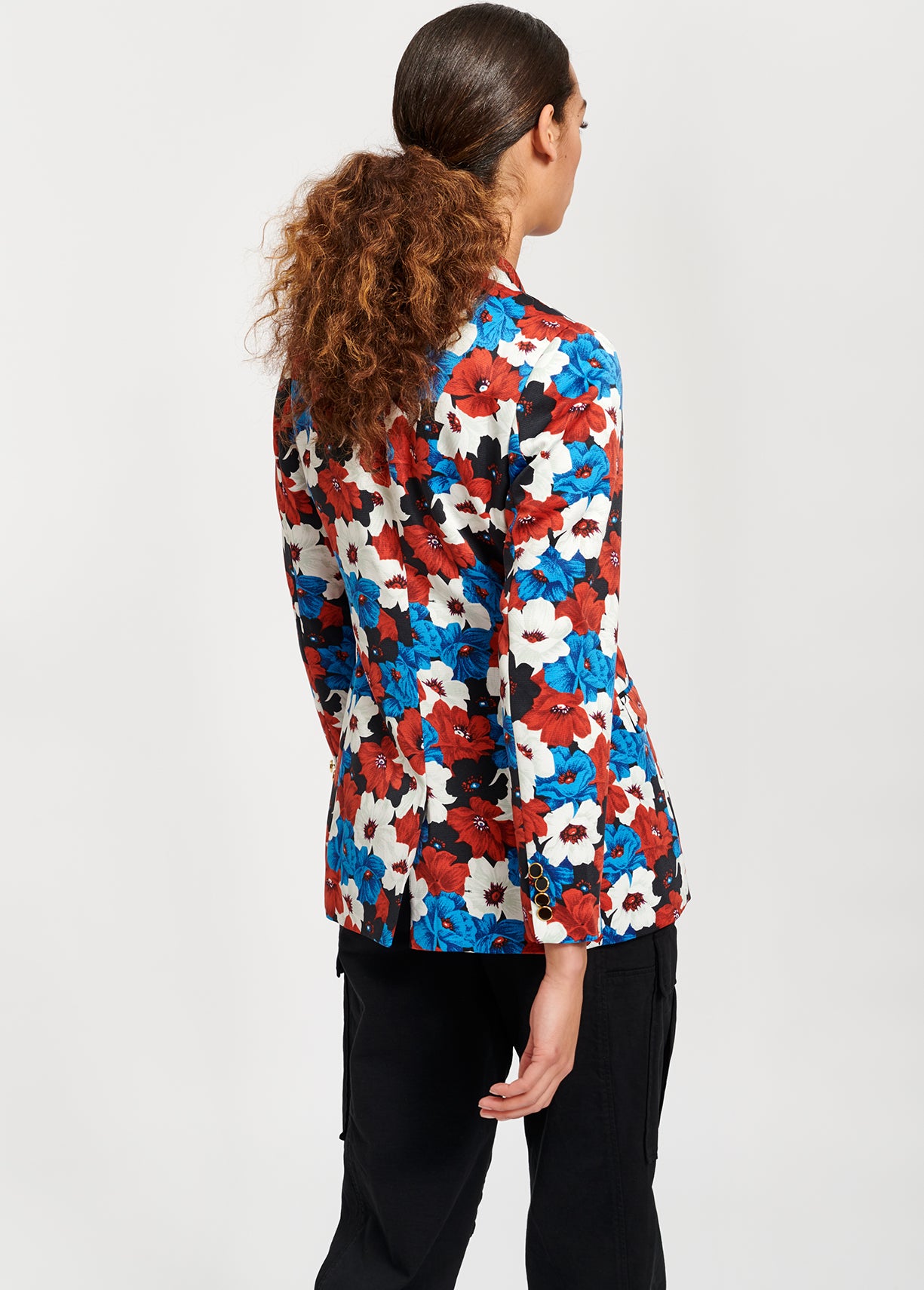 Veste tailleur rouge, bleue et blanche à imprimé fleuri RE—SSENTIEL | Essentiel second hand