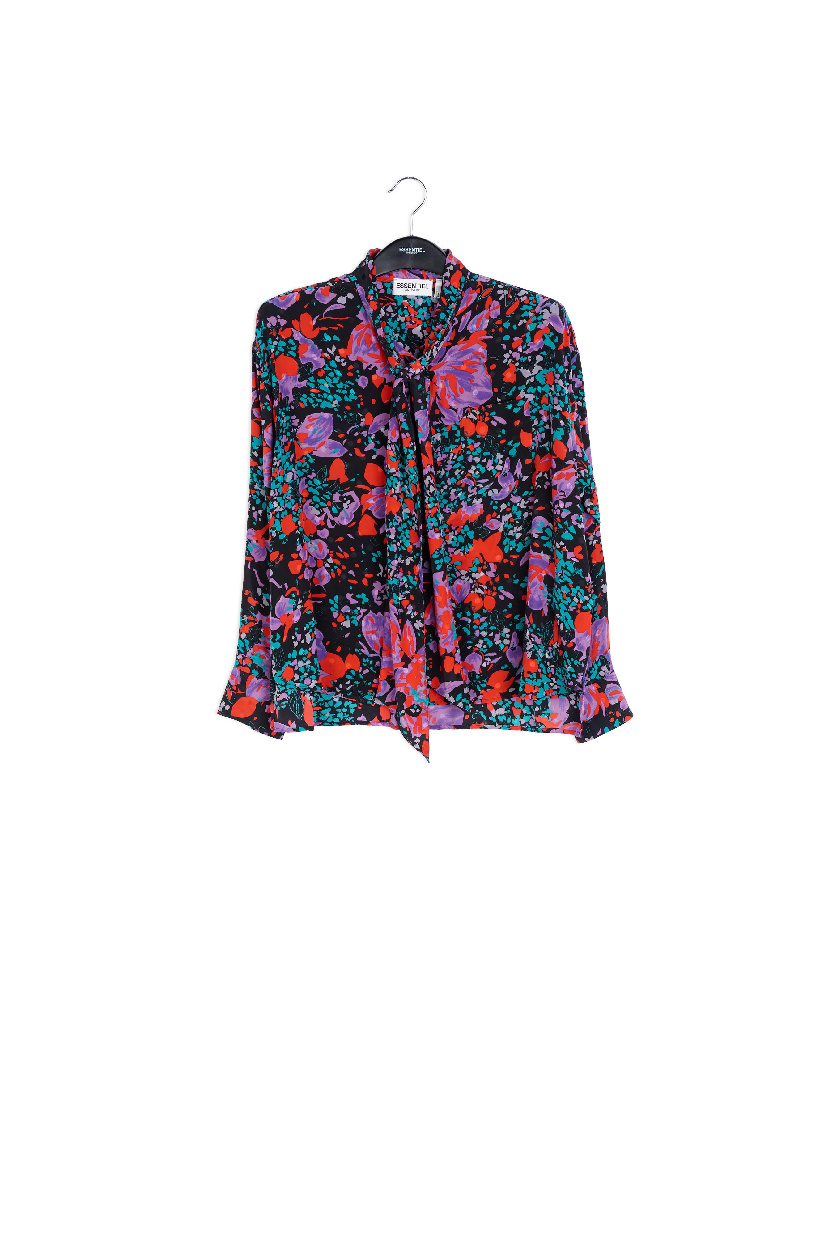 Zwarte blouse van zijden jacquard met strik RE—SSENTIEL | Essentiel second hand