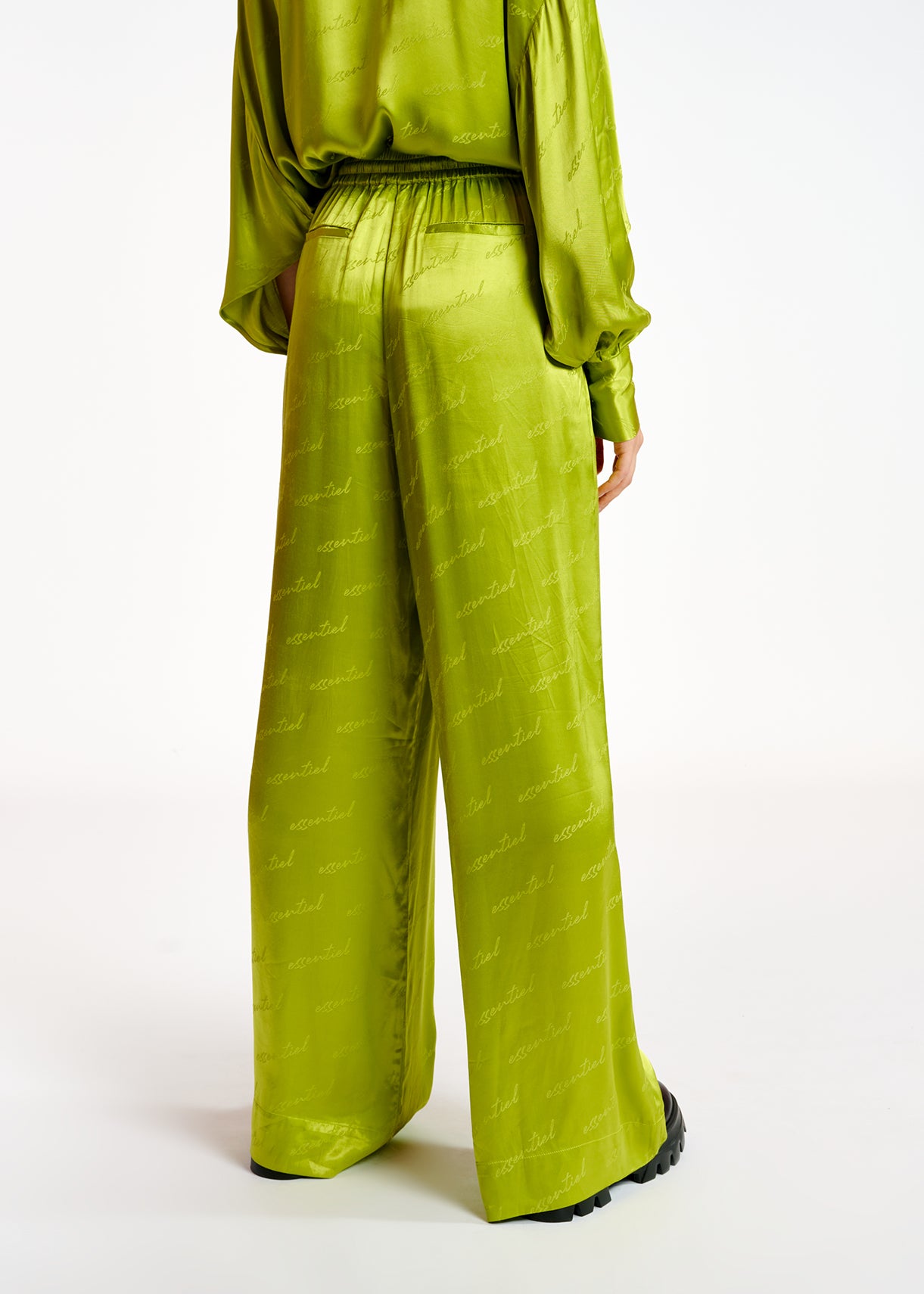 Lime green satin jacquard wide-leg pants RE—SSENTIEL | Essentiel second hand