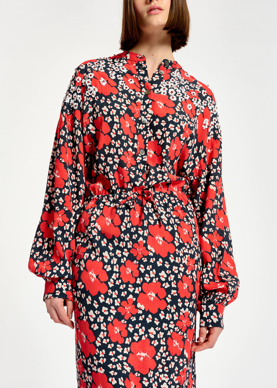 Robe midi à imprimé fleuri bleu, rouge et blanc RE—SSENTIEL | Essentiel second hand