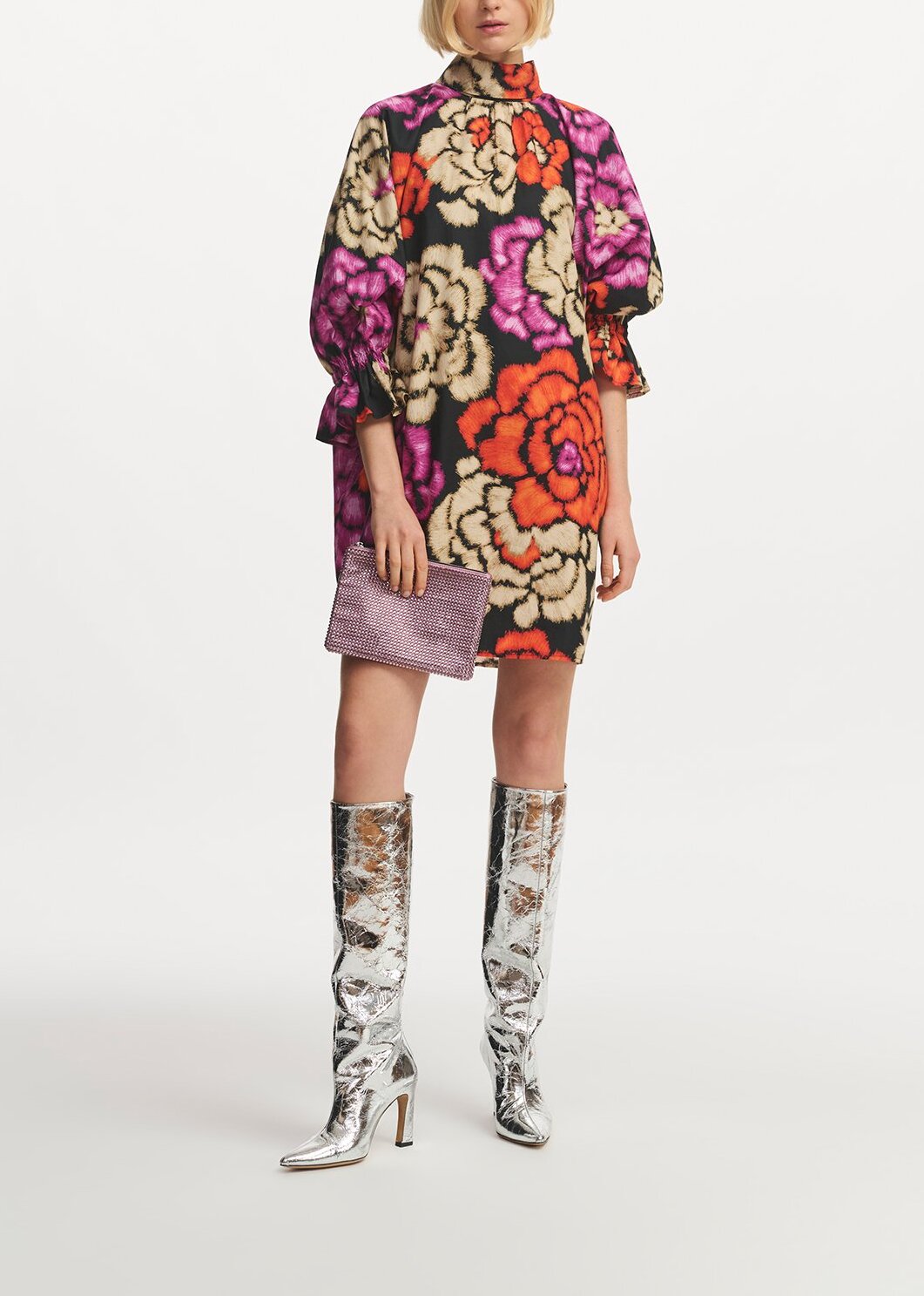 Mini-robe noire, orange et écru à  col montant RE—SSENTIEL | Essentiel second hand