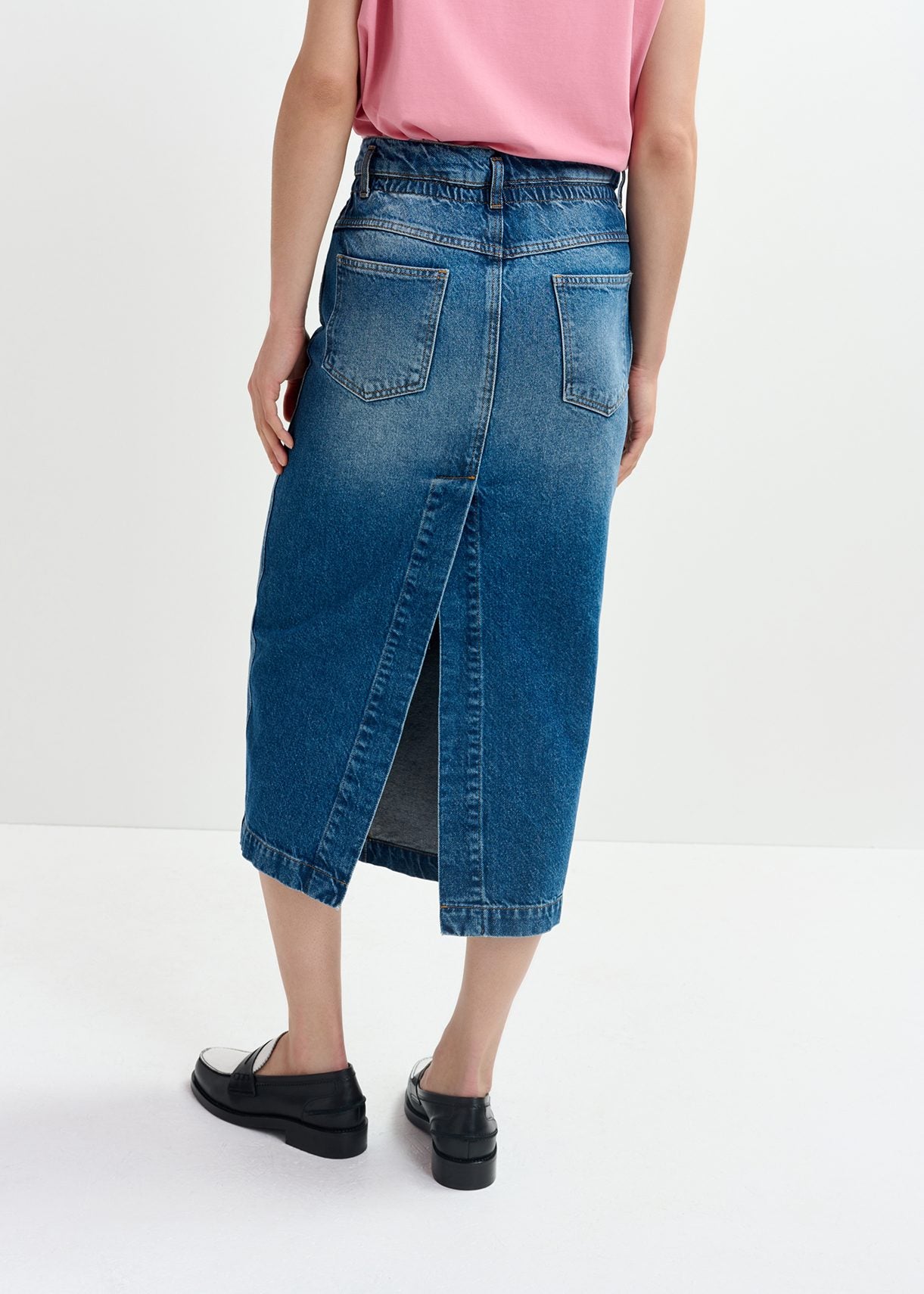 Blue denim midi skirt with paperbag waist RE—SSENTIEL | Essentiel second hand