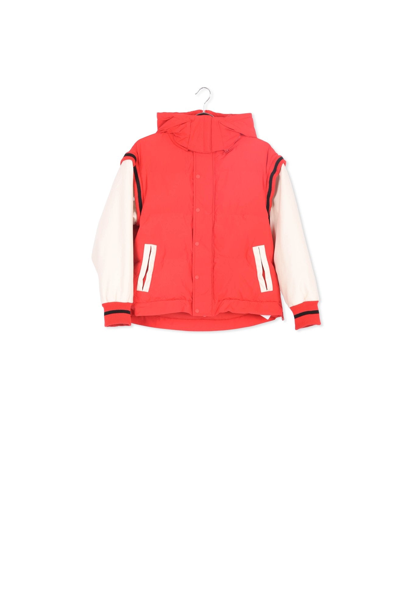 Red hooded puffer vest with faux leather sleeves RE—SSENTIEL | Essentiel second hand