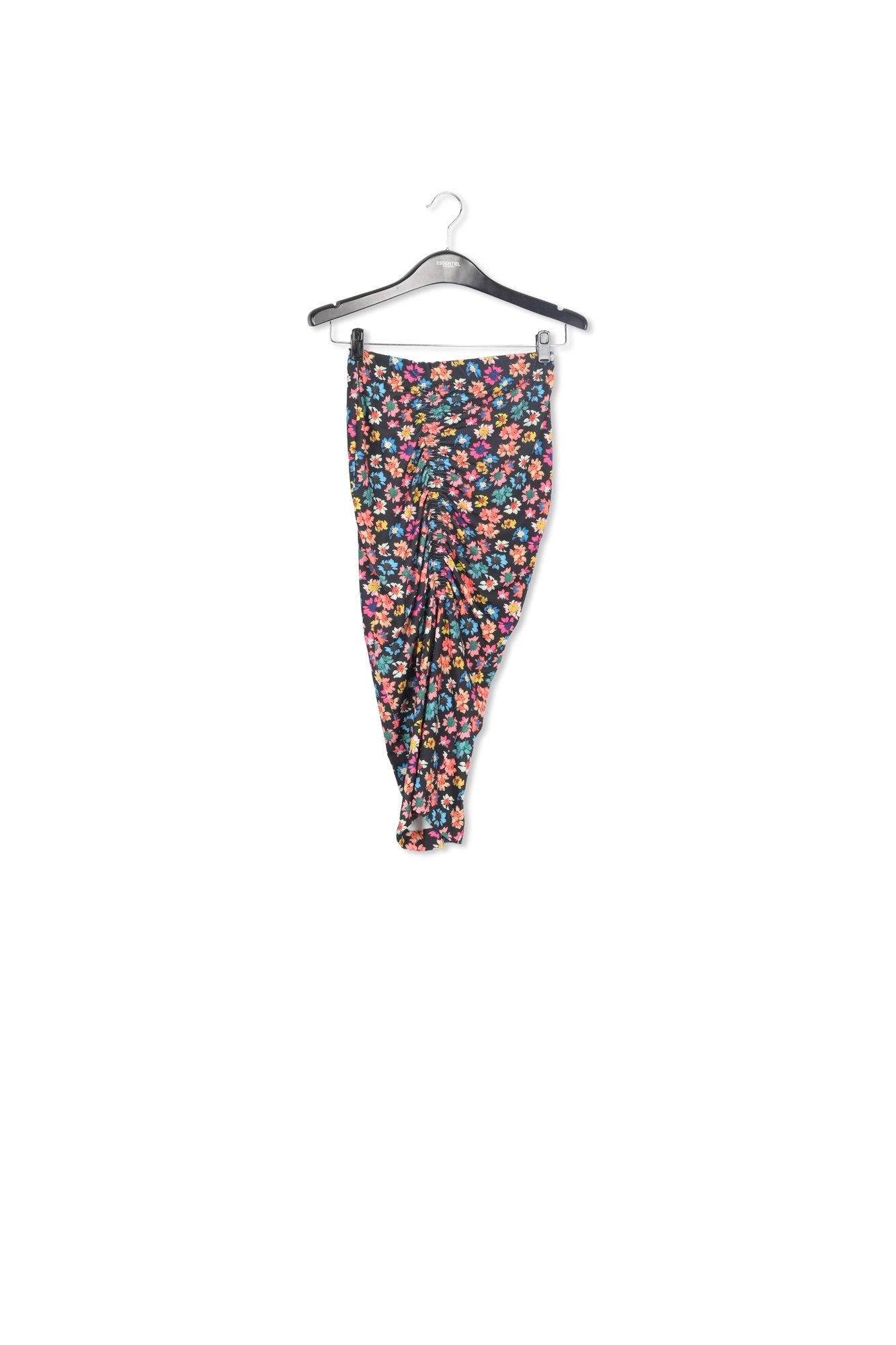 Zwarte mini-bloemenrok in stretch jersey met ruches RE—SSENTIEL | Essentiel second hand