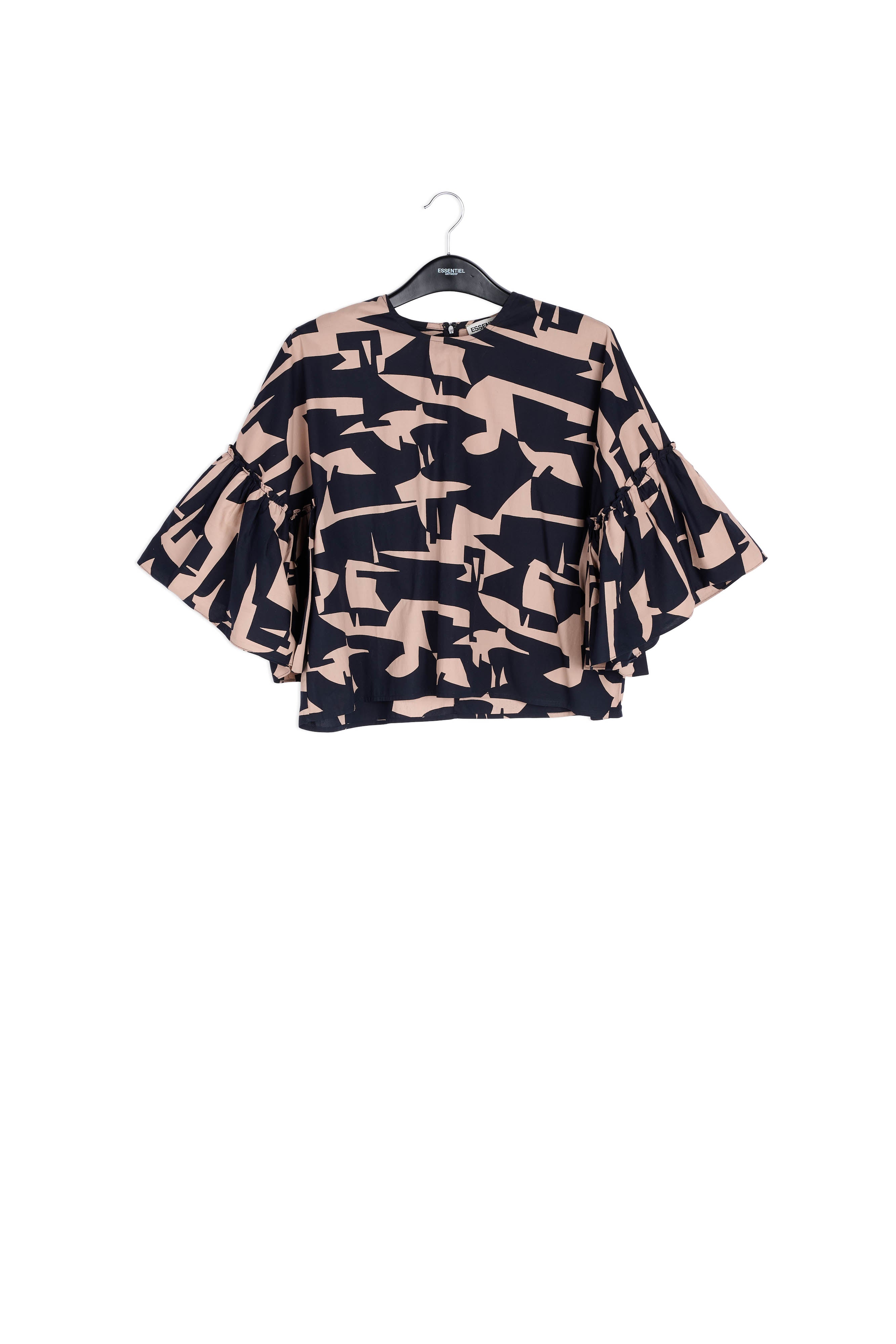 Dark blue and beige graphic printed top with ruffled sleeves RE—SSENTIEL | Essentiel second hand