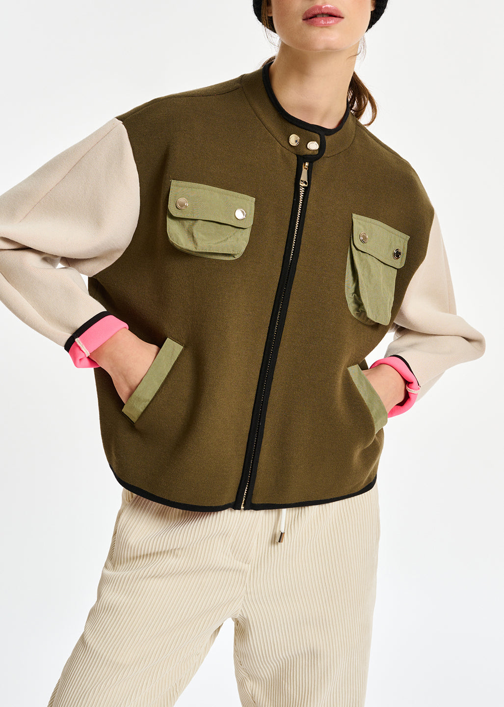 Khaki and off-white utility-inspired knit jacket RE—SSENTIEL | Essentiel second hand