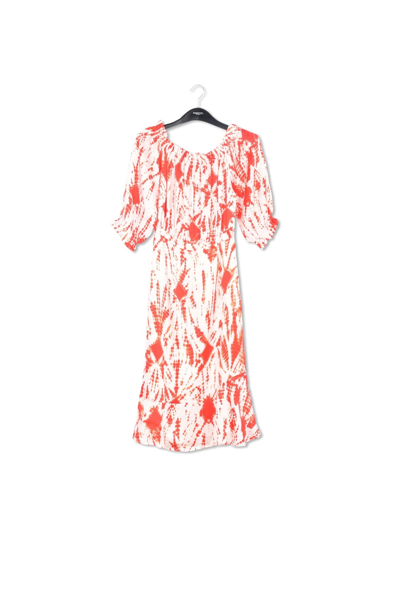 Off-white and dark blue tie-dyed off-the-shoulder silk dress RE—SSENTIEL | Essentiel second hand