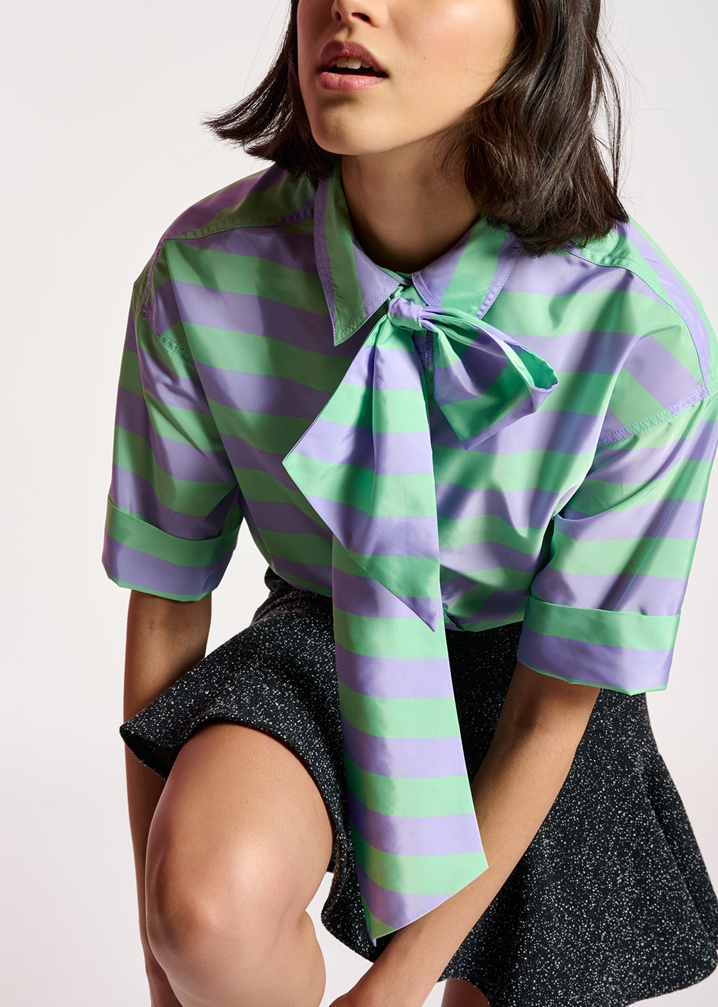 Lilac and mint green striped shirt with pussy bow RE—SSENTIEL | Essentiel second hand
