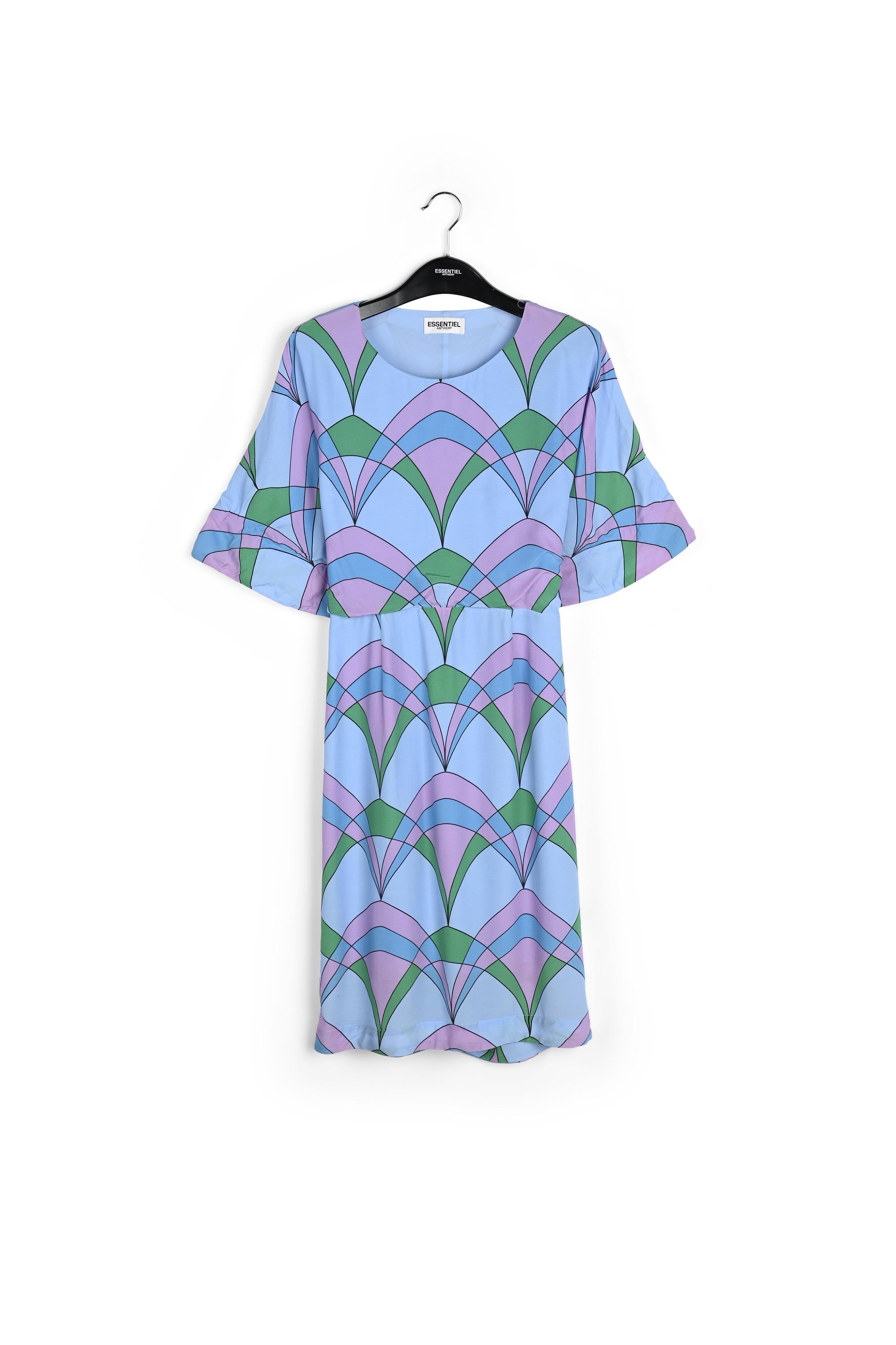 Lichtblauwe knielange jurk met grafische print RE—SSENTIEL | Essentiel second hand