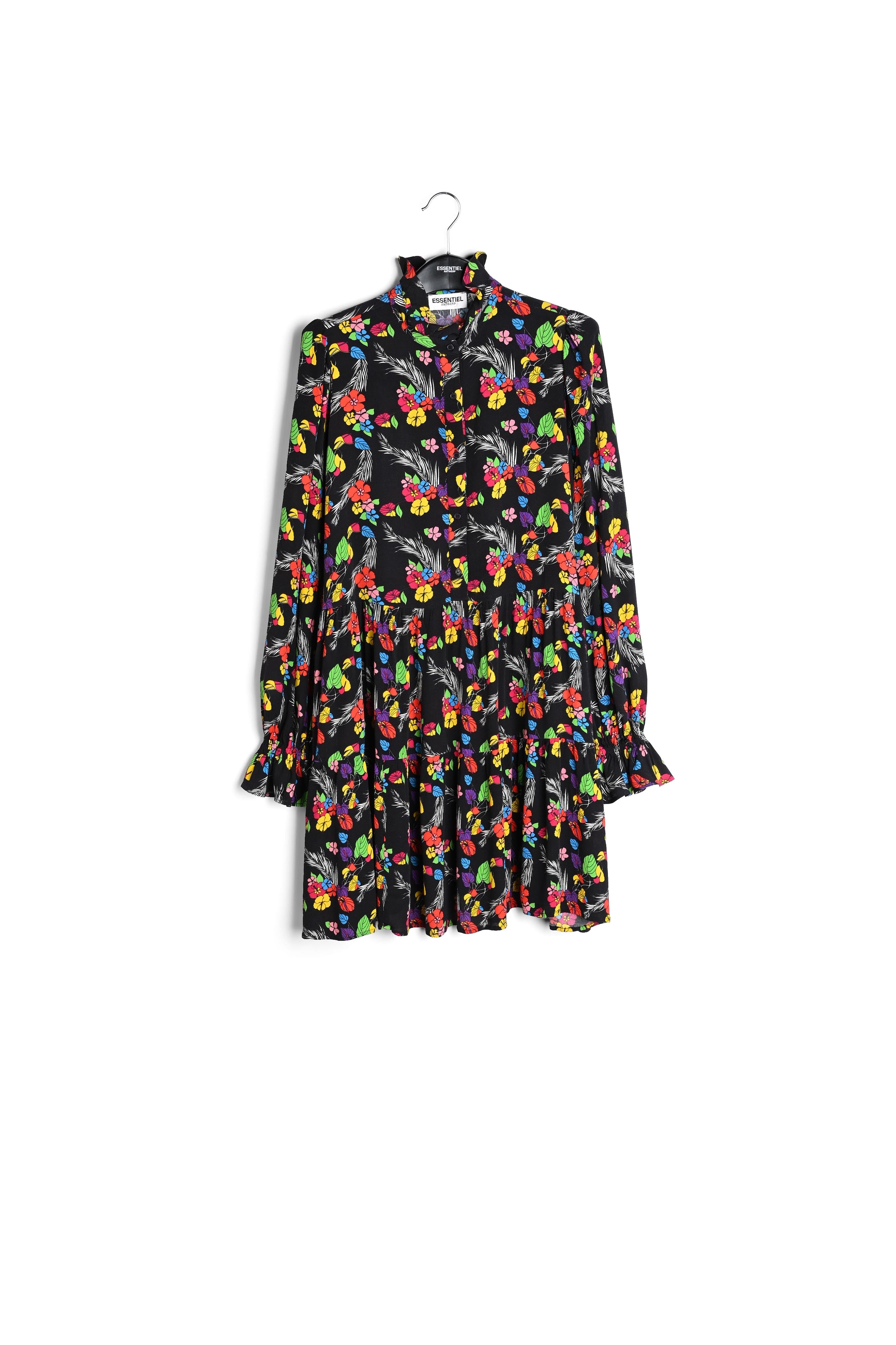 Zwarte mini-jurk met tropische print RE—SSENTIEL | Essentiel second hand