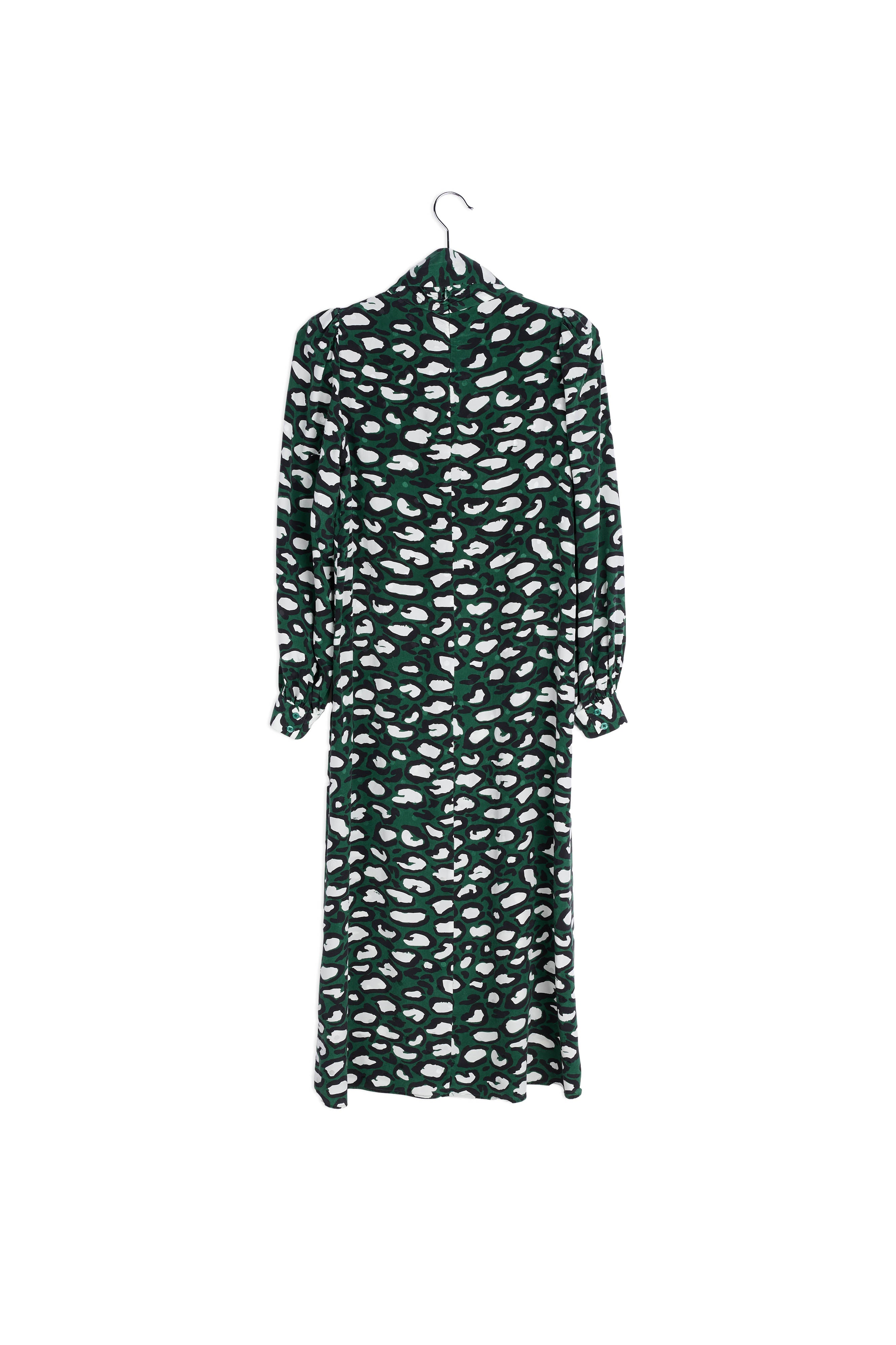 Flesgroene zijden midi-jurk met opstaande kraag en luipaardprint RE—SSENTIEL | Essentiel second hand