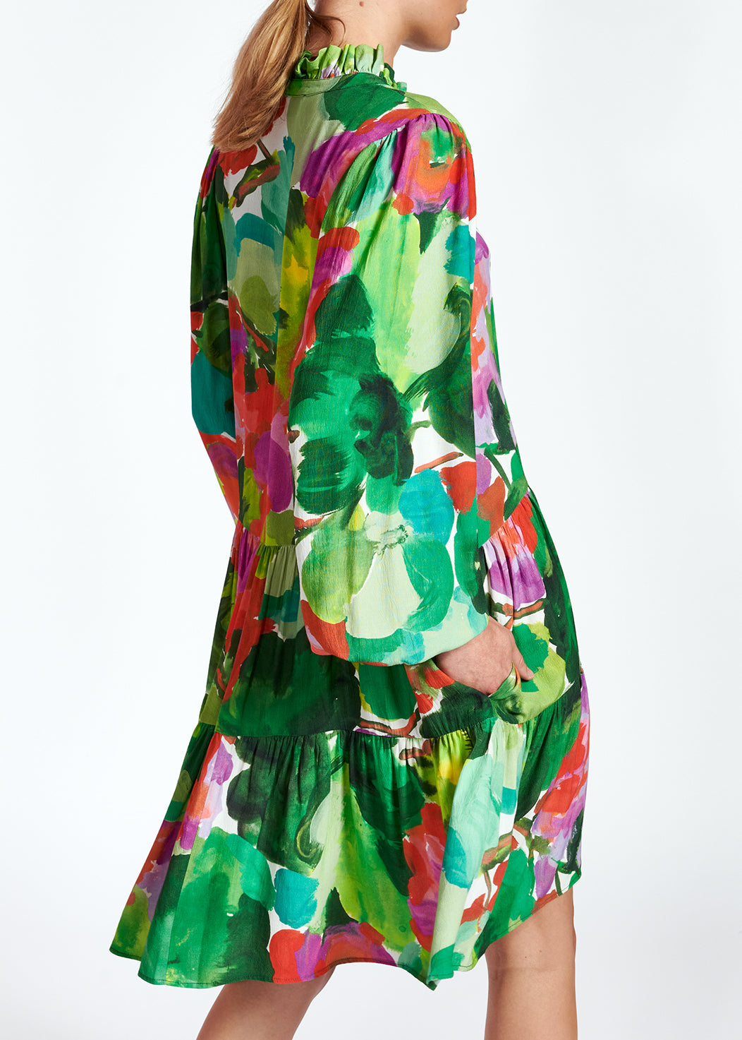 Mini robe trapèze à  imprimé aquarelle vert, rouge et pourpre RE—SSENTIEL | Essentiel second hand