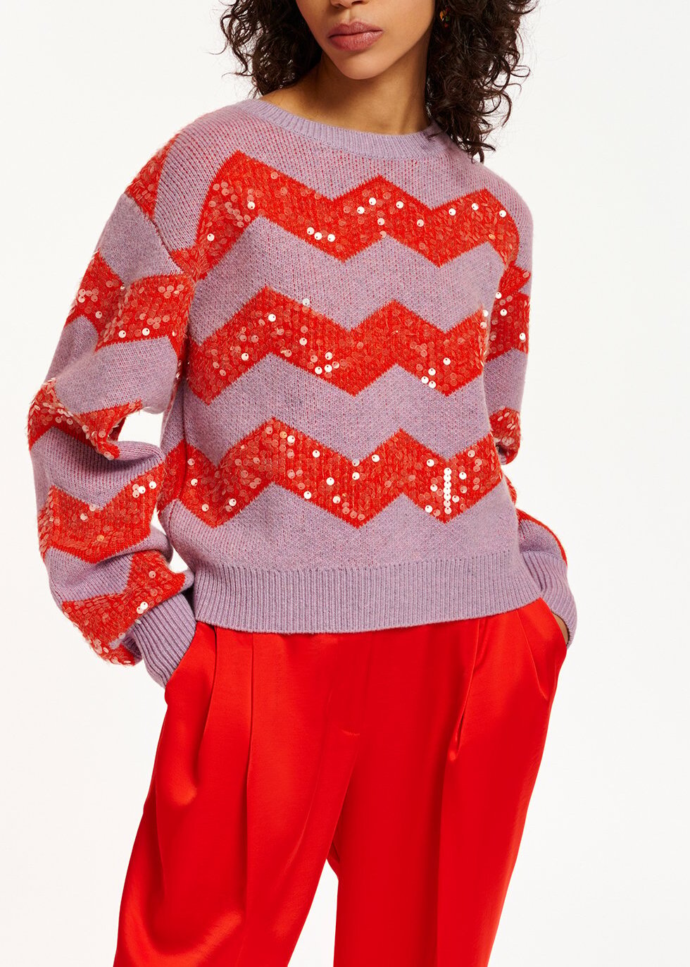 Dark lilac and red chevron jacquard-knit sweater with sequin embroideries RE—SSENTIEL | Essentiel second hand