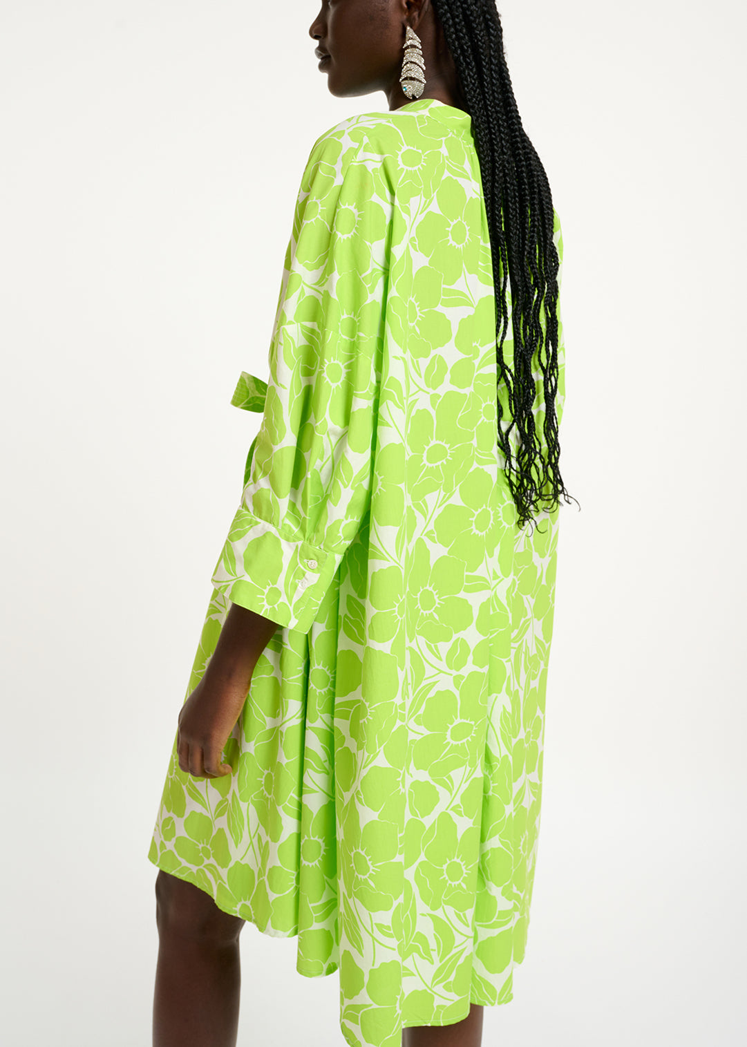 White and lime green floral print cotton knee-length shirt dress RE—SSENTIEL | Essentiel second hand