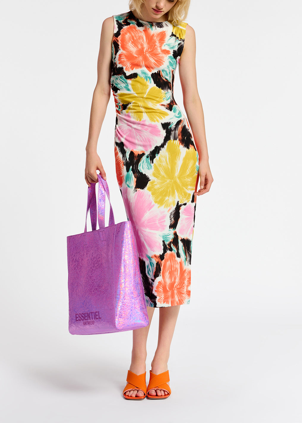 Robe midi en jersey à imprimé fleuri noir, orange et jaune RE—SSENTIEL | Essentiel second hand