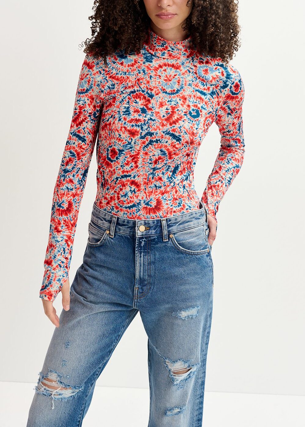 Red and blue tie-dye printed turtleneck top RE—SSENTIEL | Essentiel second hand