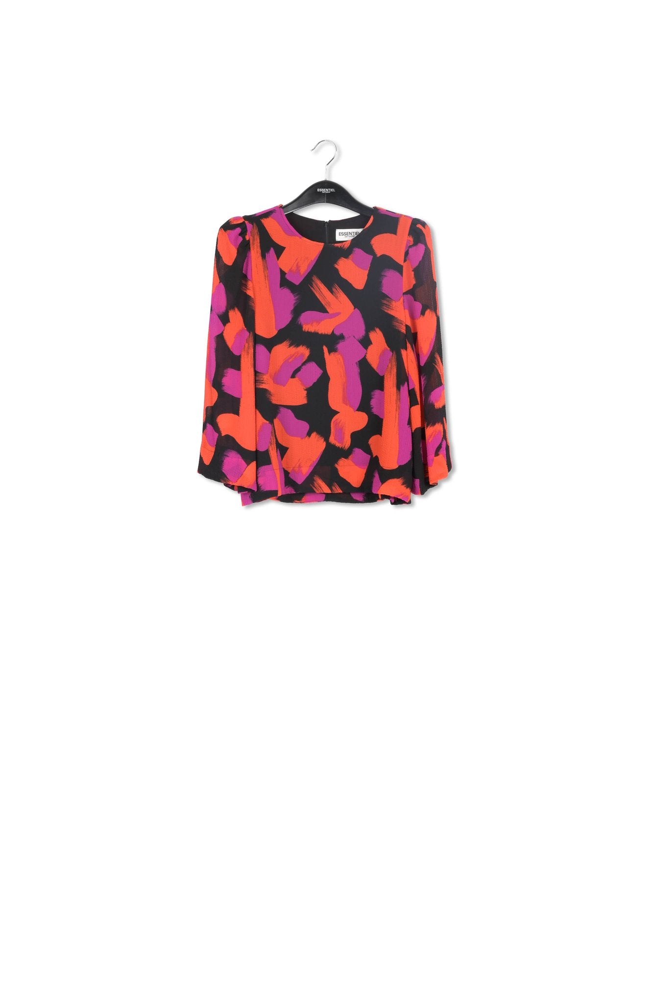 Black, orange and purple abstract-print top with puffed shoulders RE—SSENTIEL | Essentiel second hand