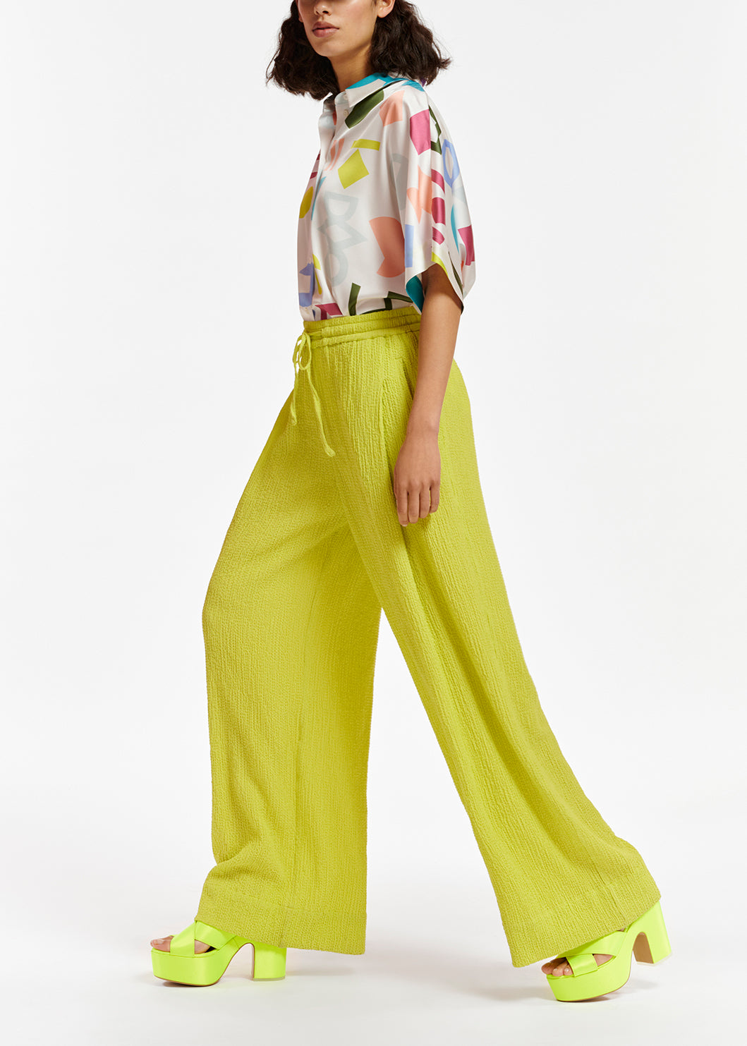 Lime green wide-leg seersucker pants RE—SSENTIEL | Essentiel second hand