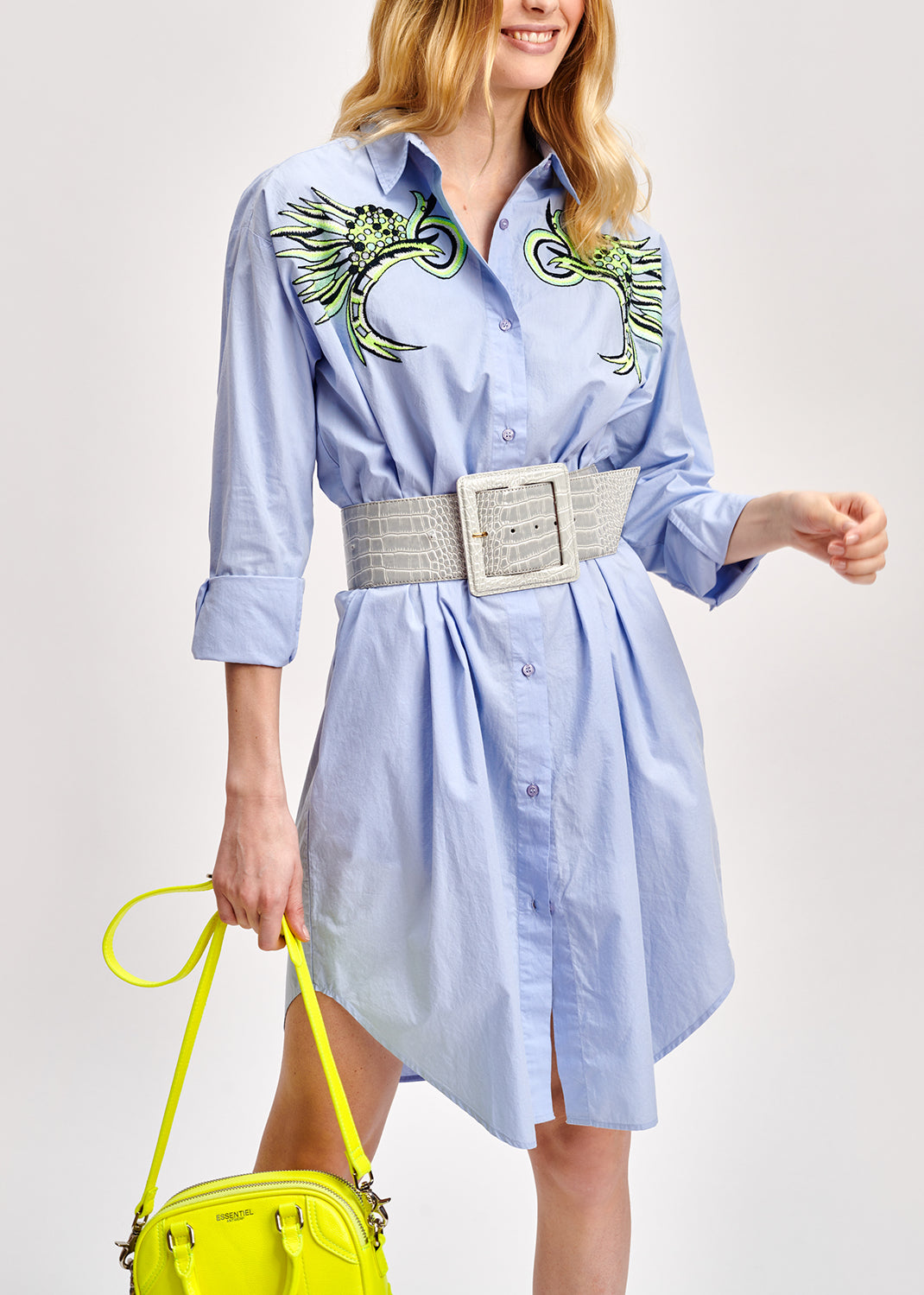 Light blue neon embroidered cotton shirt dress RE—SSENTIEL | Essentiel second hand