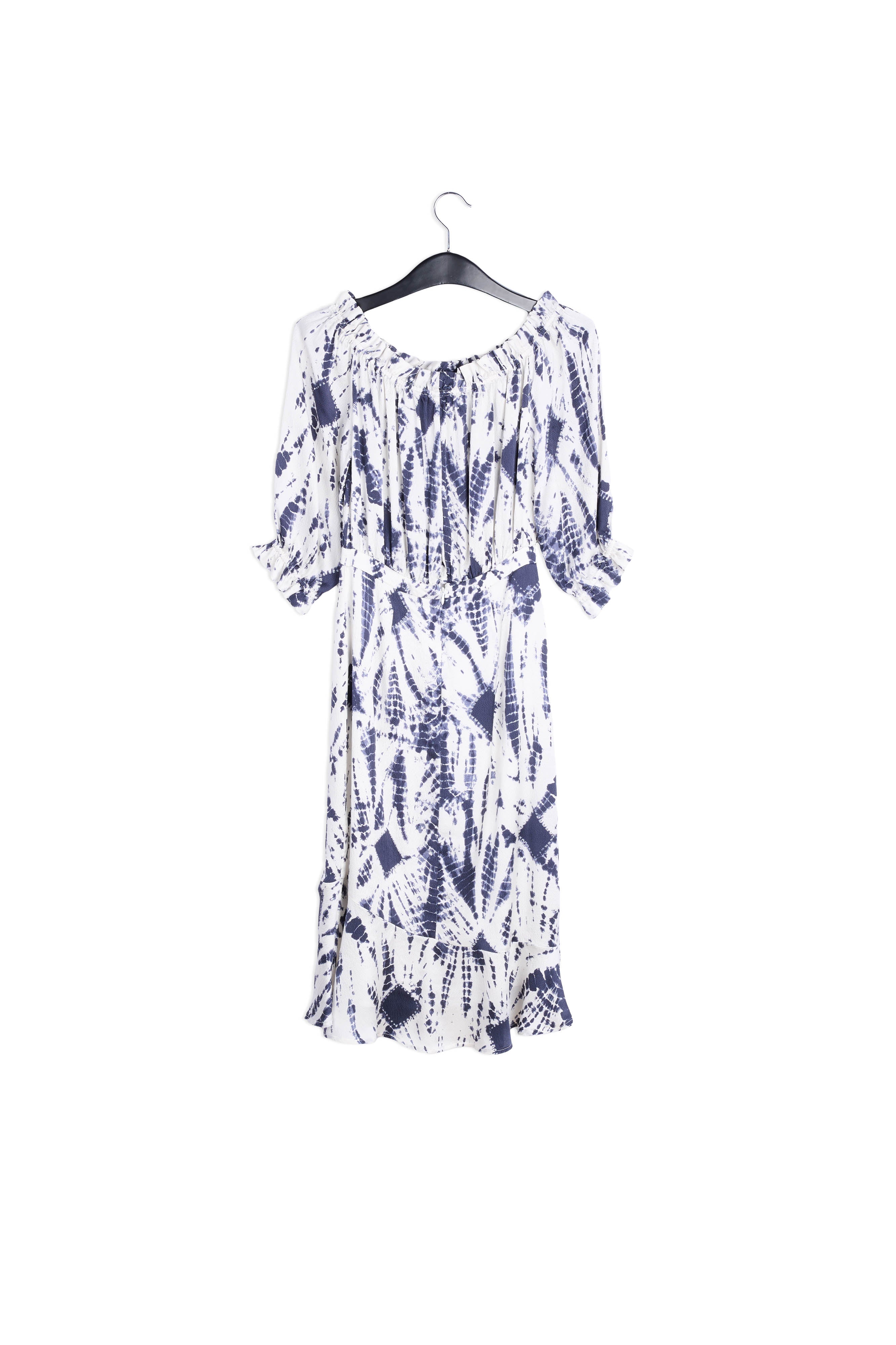 Off-white and green tie-dyed off-the-shoulder silk dress RE—SSENTIEL | Essentiel second hand