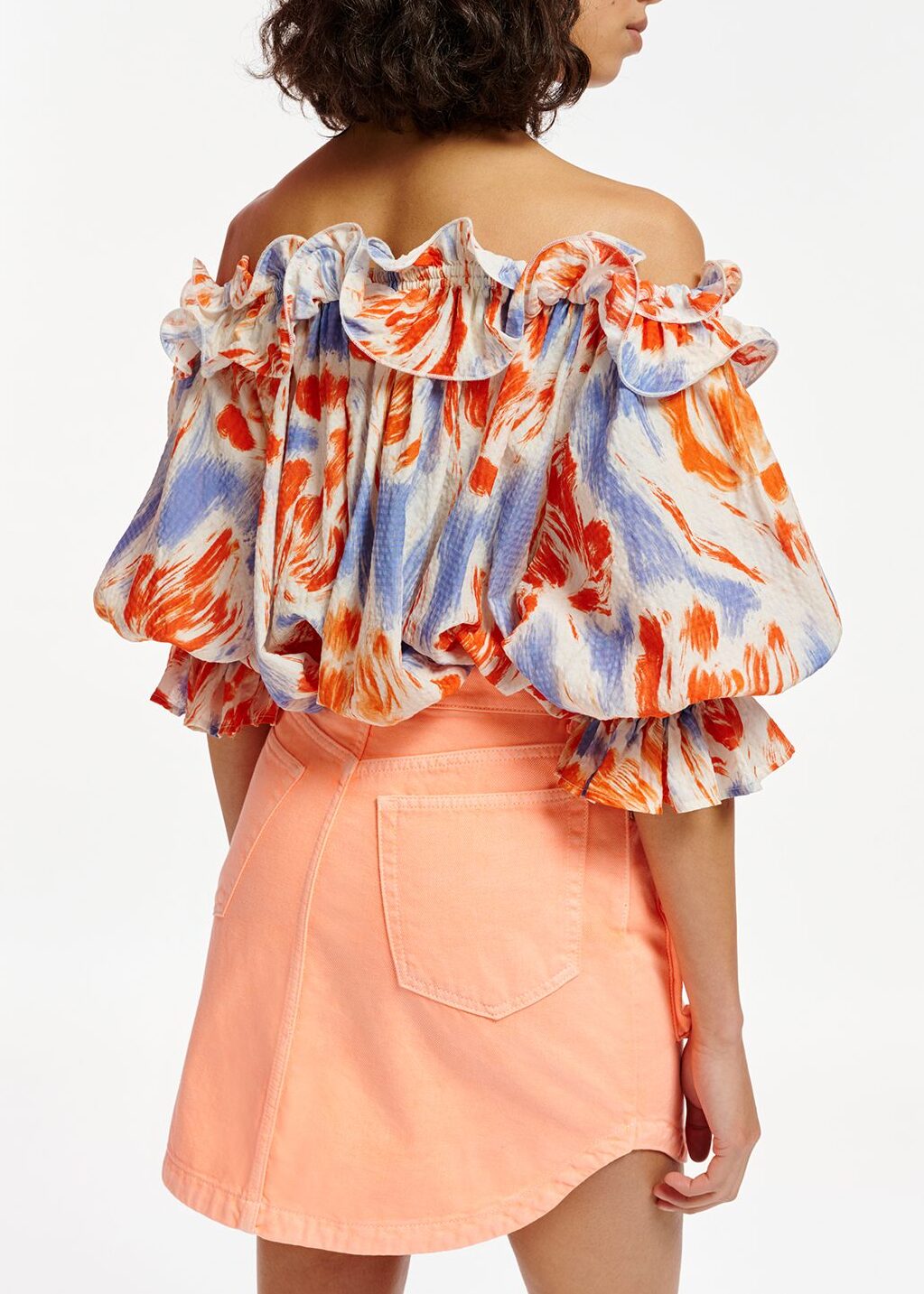 Light blue and orange floral print off-the-shoulder top RE—SSENTIEL | Essentiel second hand