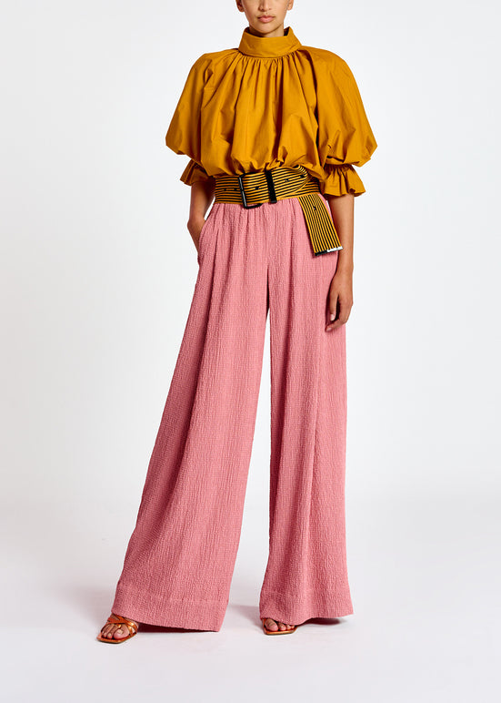 Ochre voluminous cotton top with high collar RE—SSENTIEL | Essentiel second hand