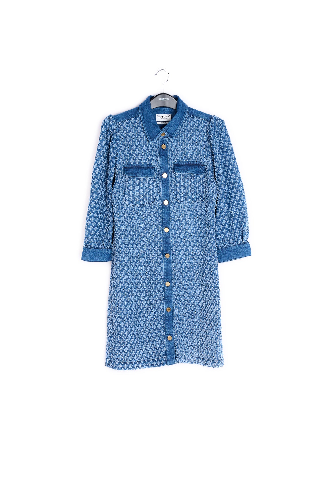 Dark blue perforated denim puffed sleeves mini dress RE—SSENTIEL | Essentiel second hand