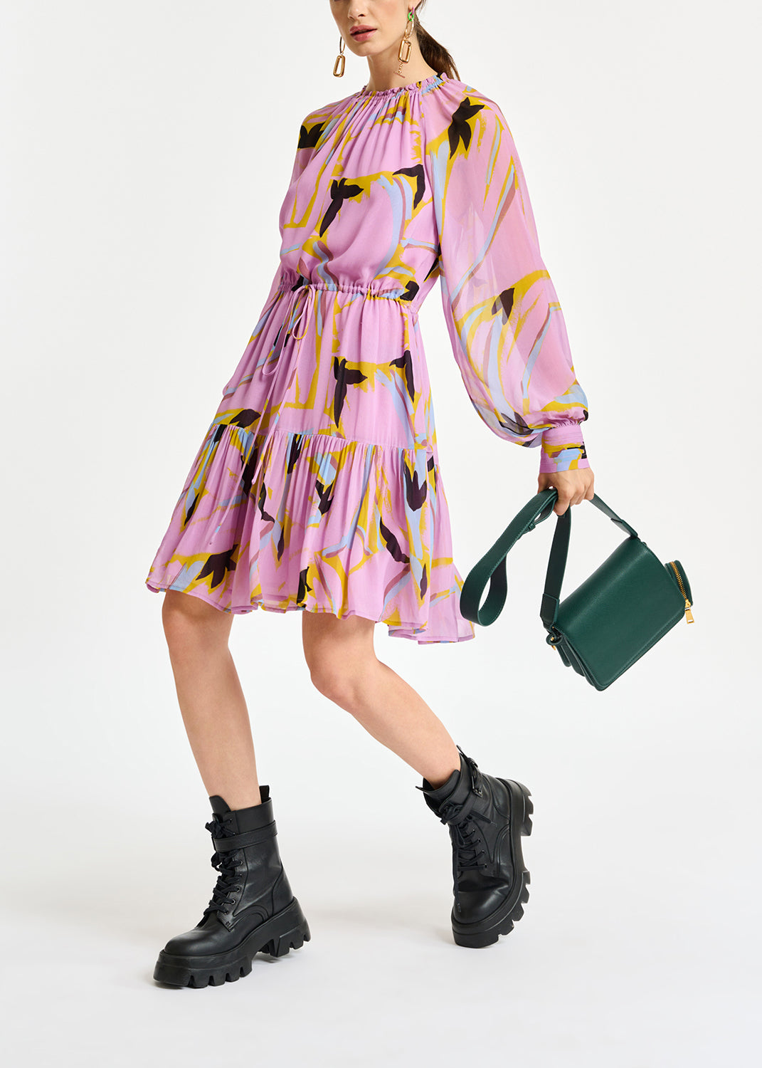 Mini-robe lilas à imprimé abstrait et manches bouffantes RE—SSENTIEL | Essentiel second hand