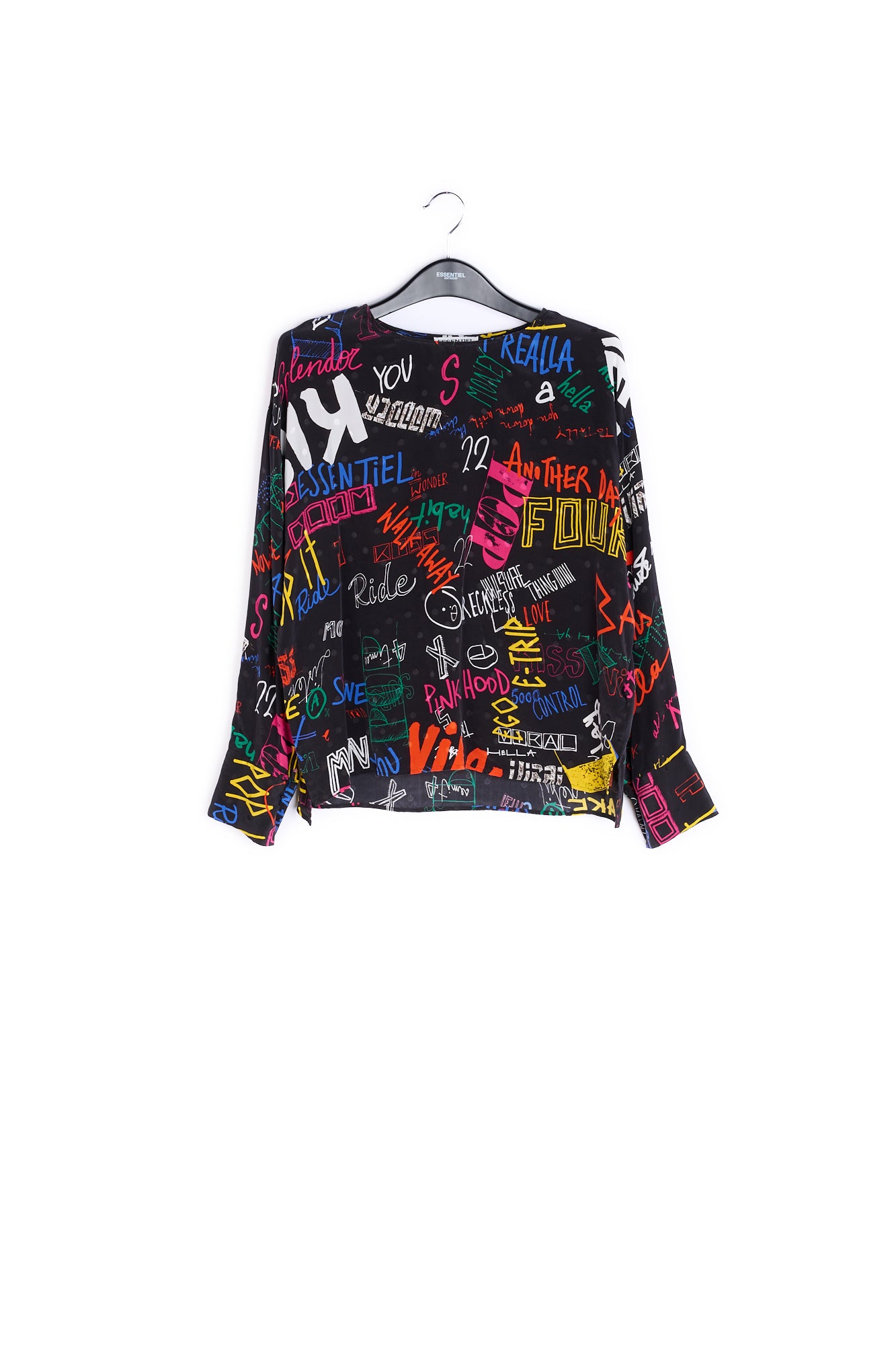 Black silk top with colorful tekst print RE—SSENTIEL | Essentiel second hand