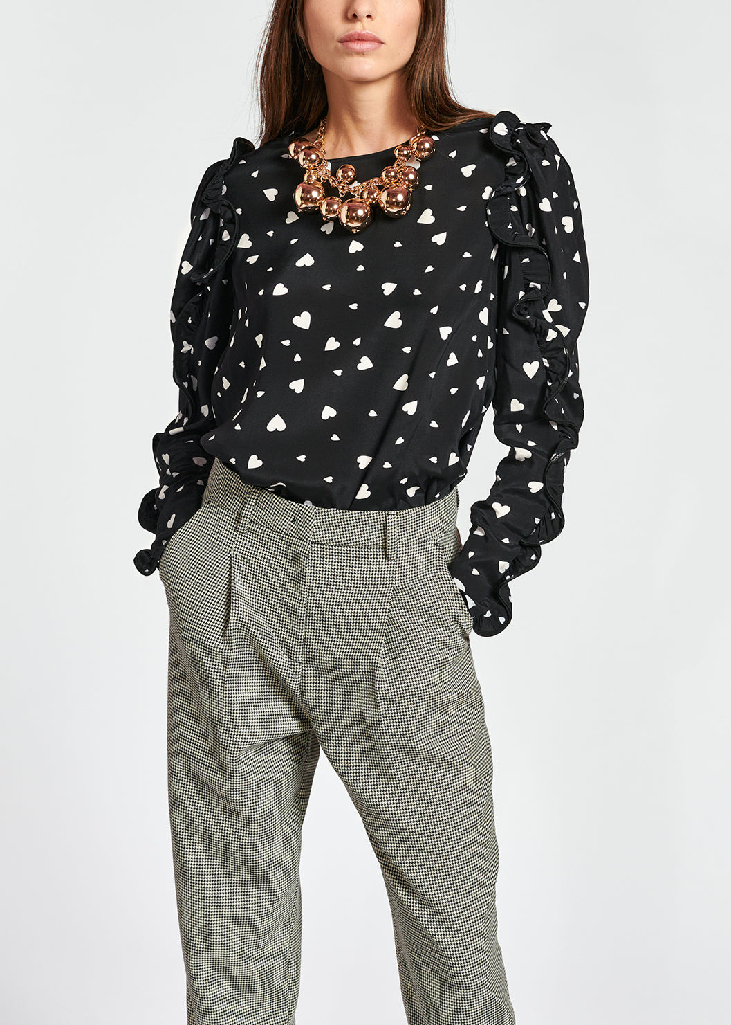 Black heart-print top with ruffled sleeves RE—SSENTIEL | Essentiel second hand