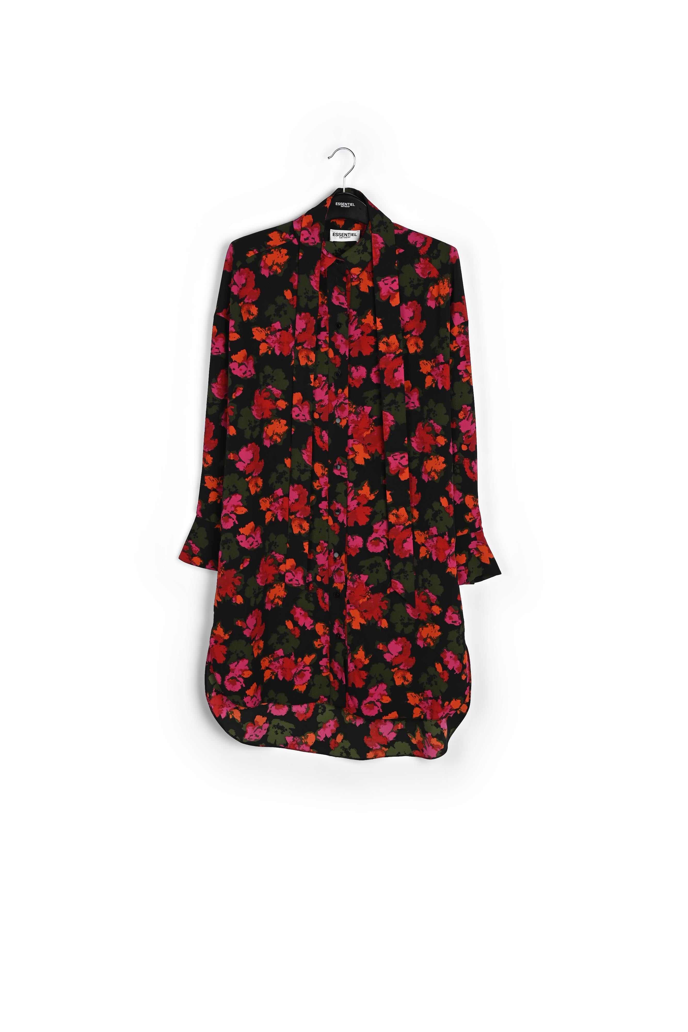 Black and blue floral print midi shirt dress RE—SSENTIEL | Essentiel second hand