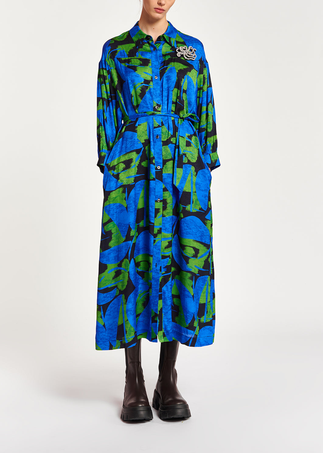 Blue, black and green abstract print midi dress RE—SSENTIEL | Essentiel second hand