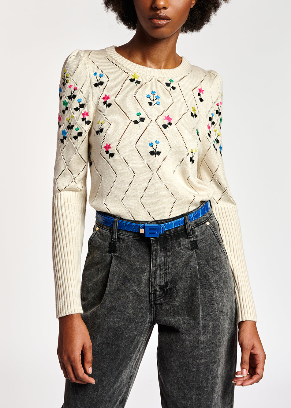 Beige pointelle-knitted sweater with floral embroideries RE—SSENTIEL | Essentiel second hand