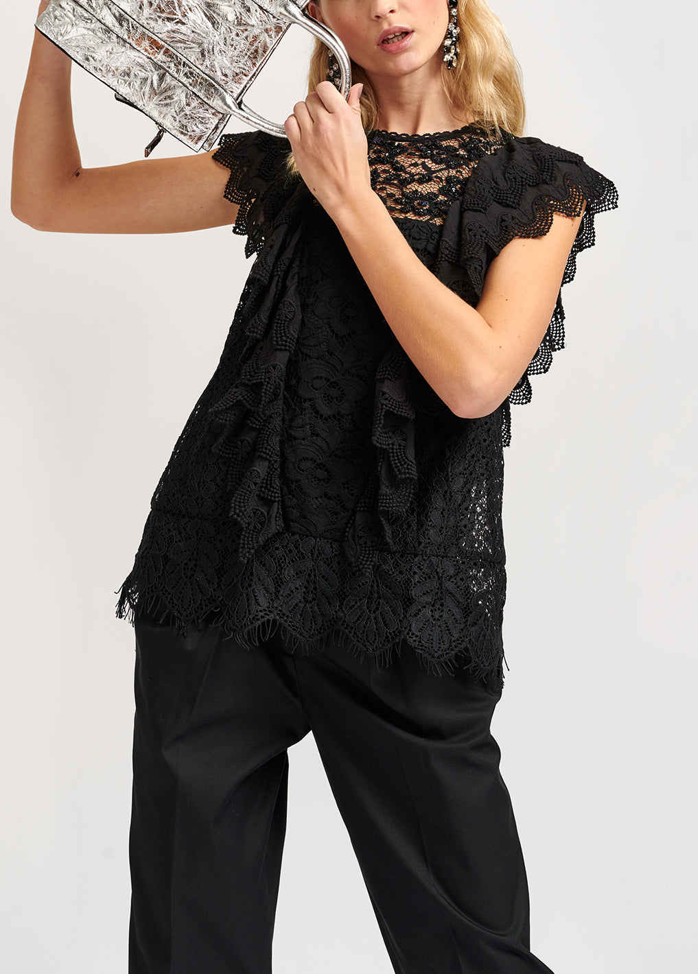 Black ruffled lace top with sequins RE—SSENTIEL | Essentiel second hand