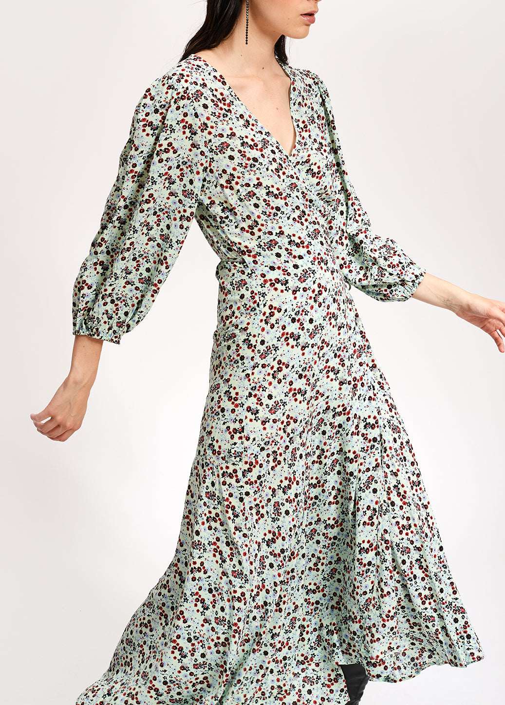 Robe maxi cache-cœur vert menthe à imprimé floral RE—SSENTIEL | Essentiel second hand