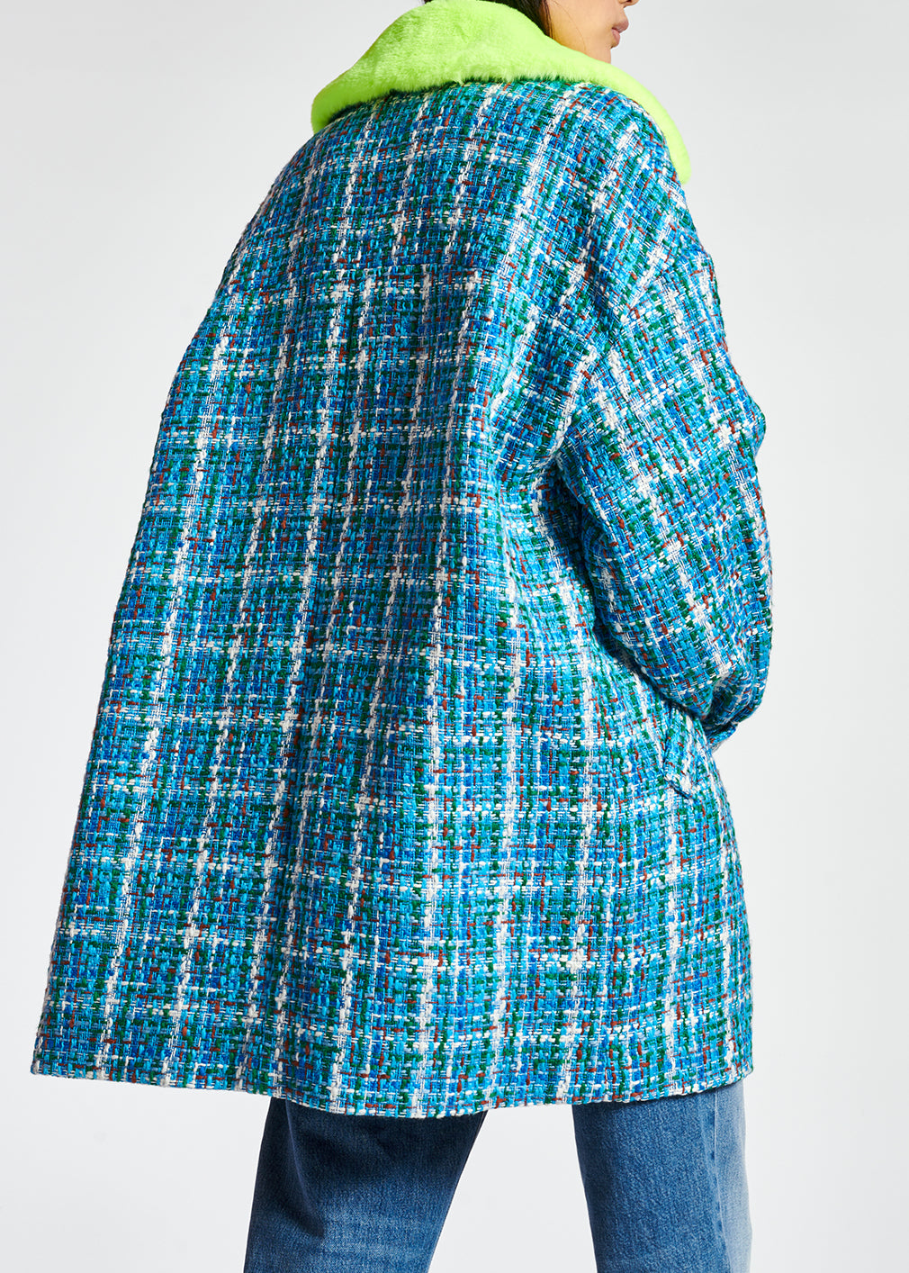 Blue, green and white coat with faux fur collar RE—SSENTIEL | Essentiel second hand