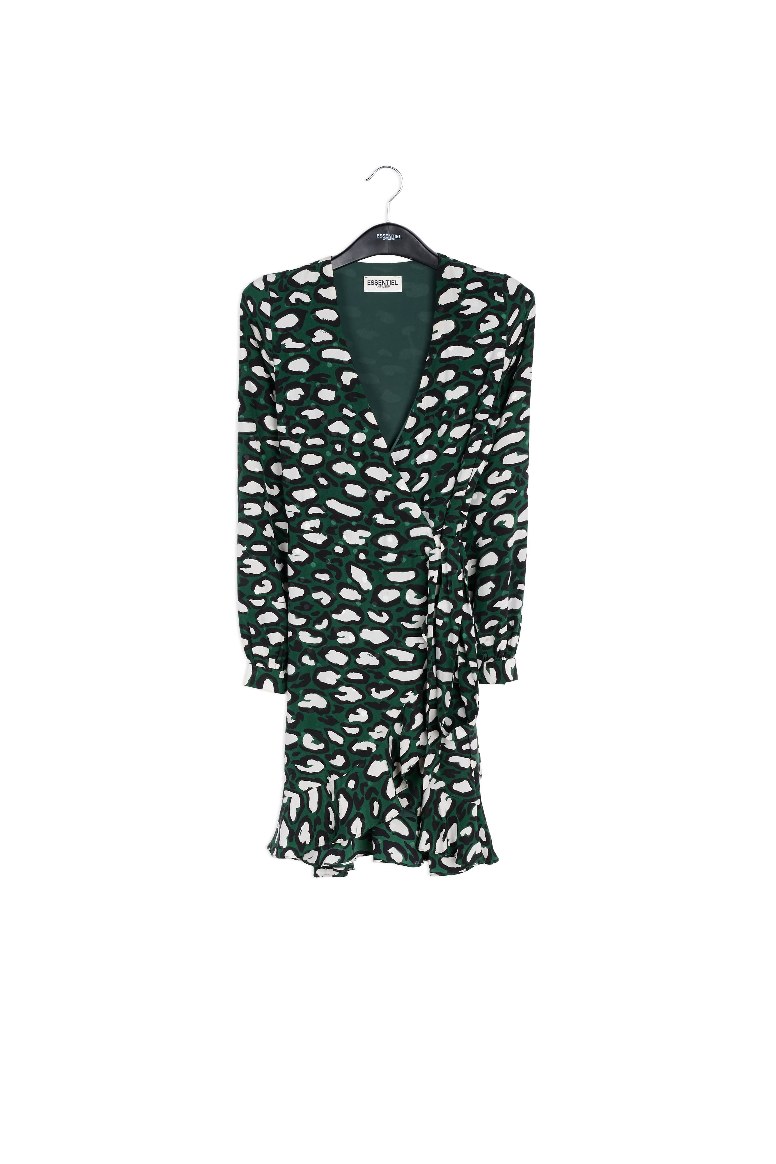 Kakigroene zijden wikkeljurk met luipaardprint RE—SSENTIEL | Essentiel second hand