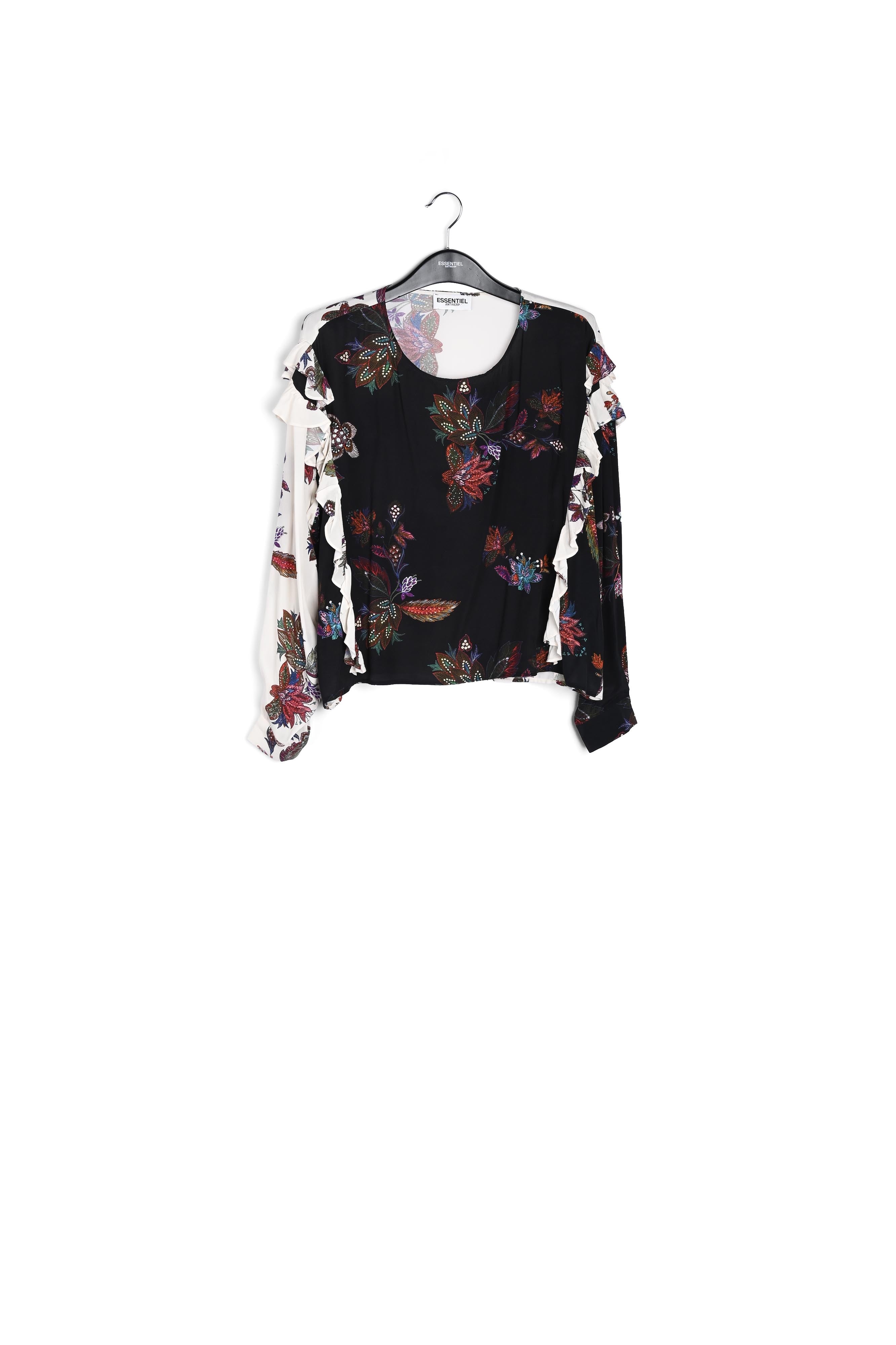 Zwart en witte top met bloemenprint RE—SSENTIEL | Essentiel second hand