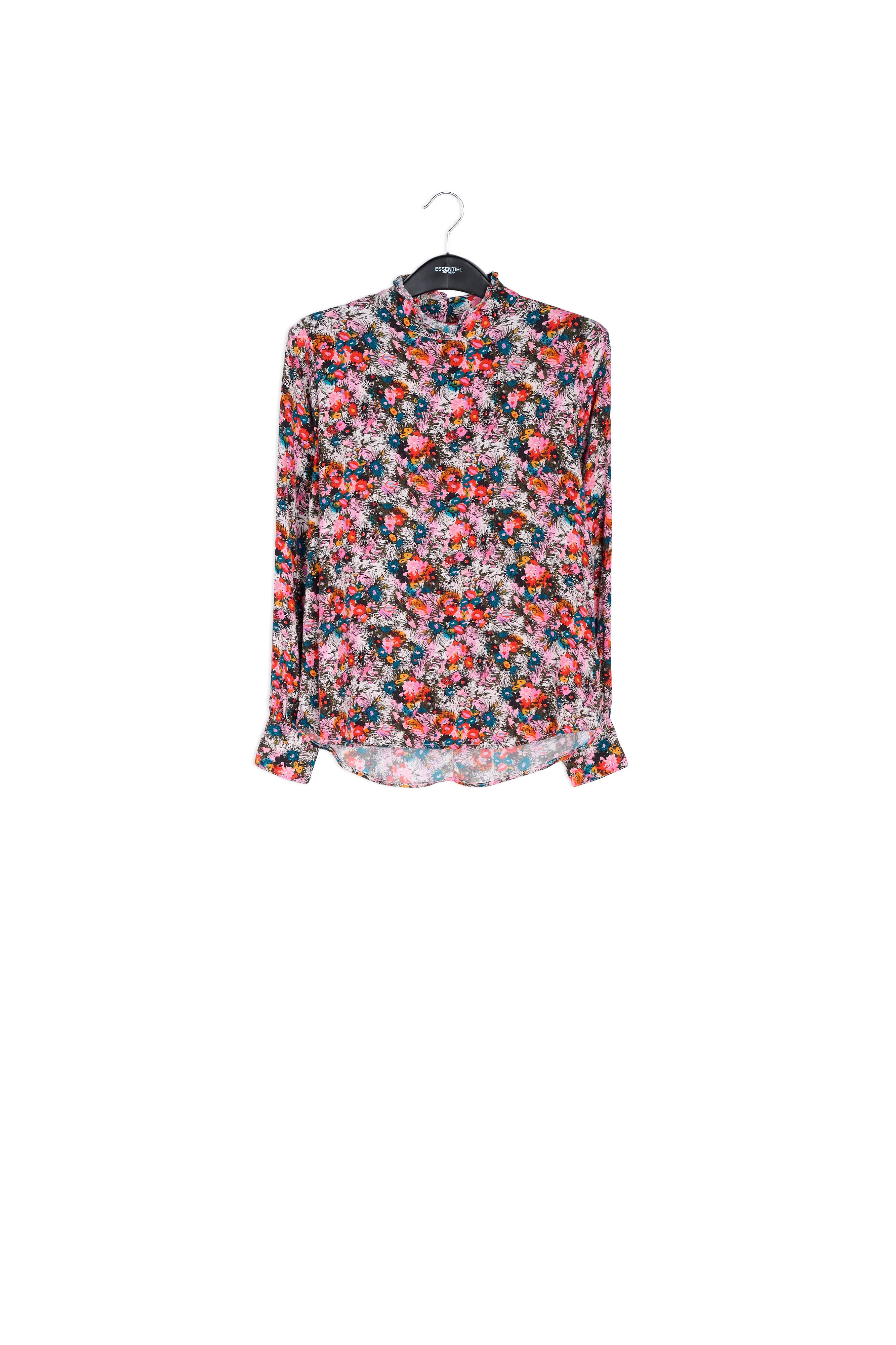 Roze top met bloemenprint en ruchekraag RE—SSENTIEL | Essentiel second hand