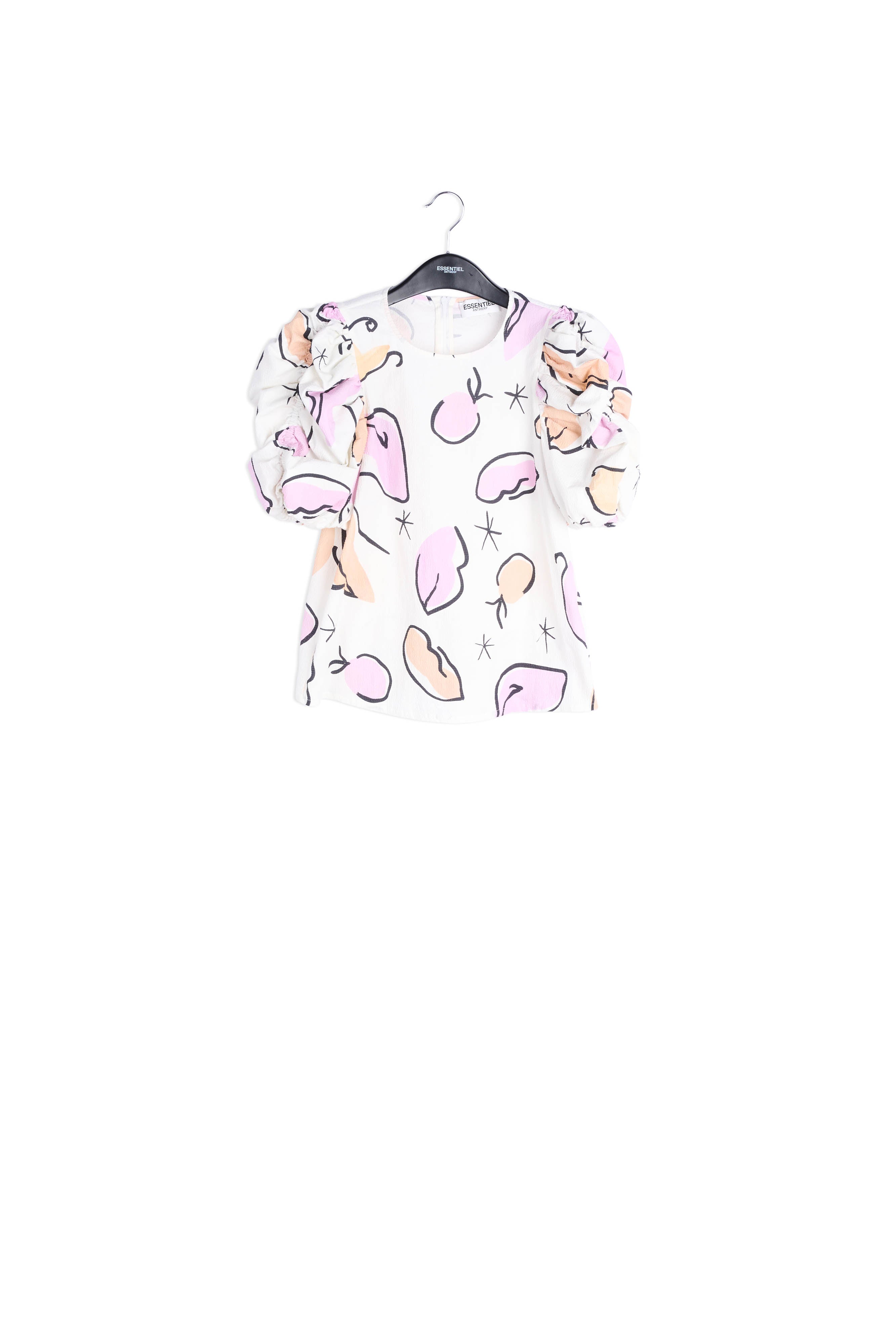 Witte top met pofmouwen en abstracte print RE—SSENTIEL | Essentiel second hand