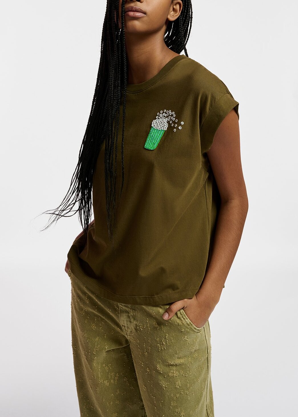 Khaki organic cotton T-shirt with popcorn embroidery RE—SSENTIEL | Essentiel second hand
