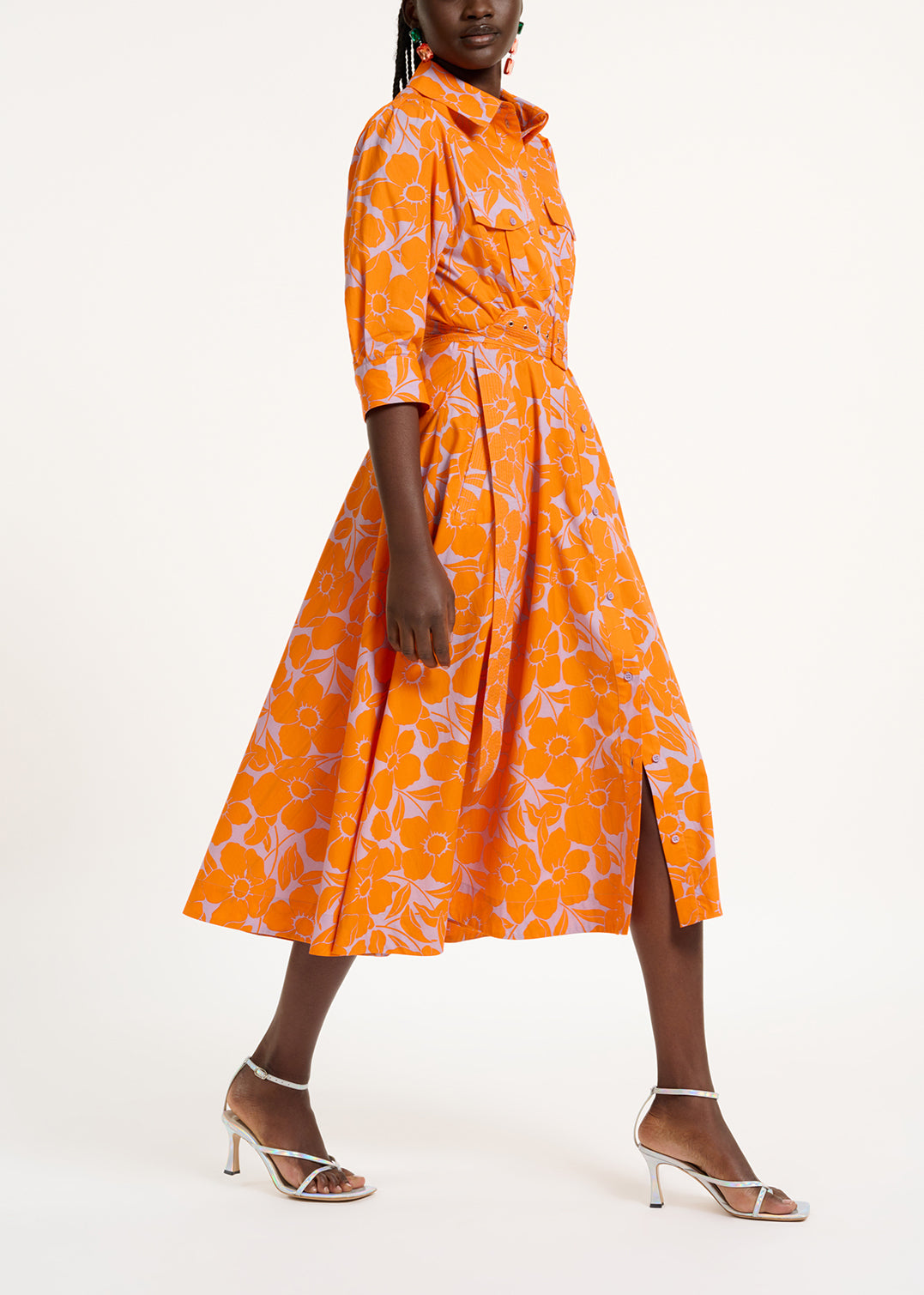 Robe chemise midi à imprimé fleuri orange et lilas RE—SSENTIEL | Essentiel second hand
