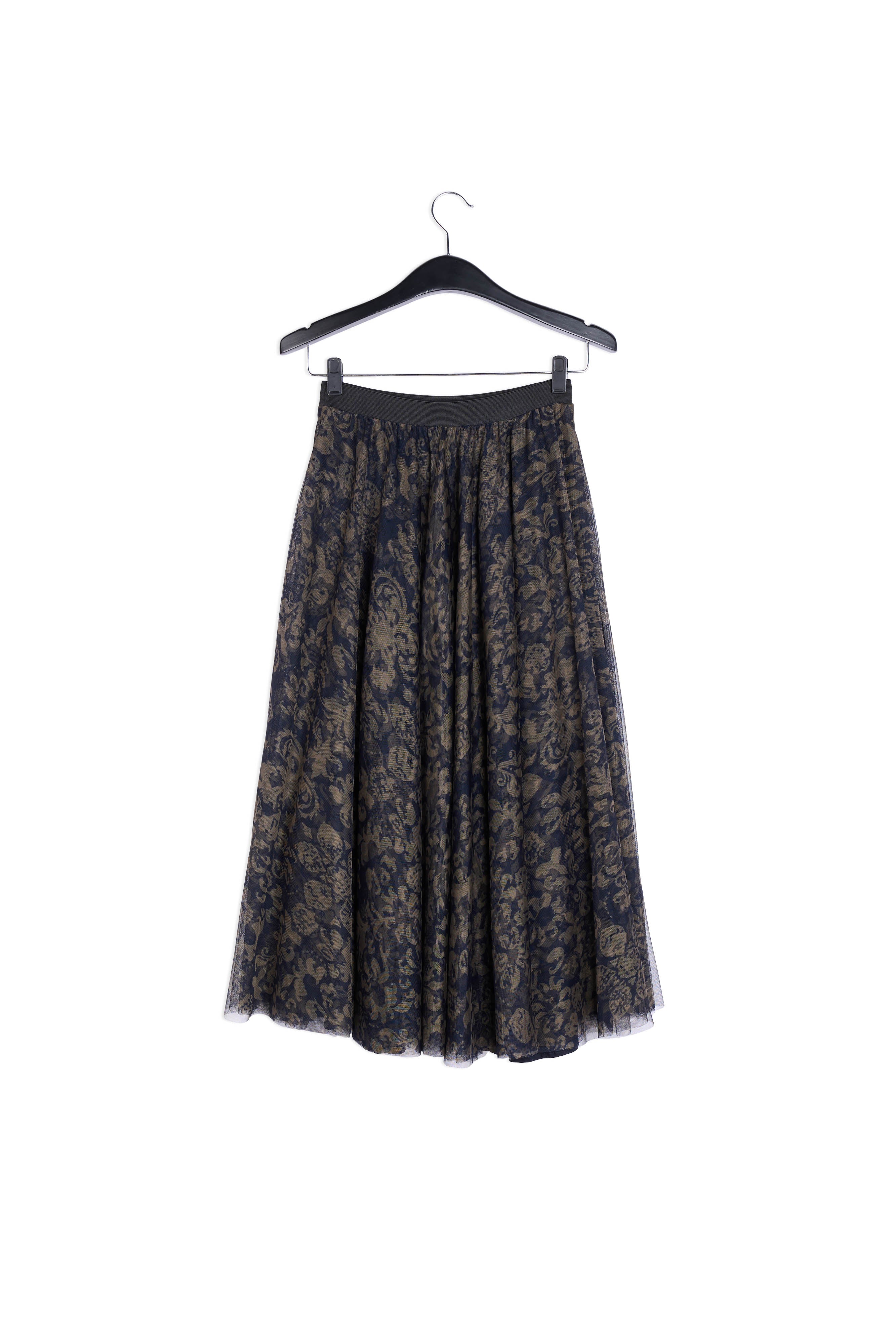 Black and khaki green brocade-print tulle midi skirt RE—SSENTIEL | Essentiel second hand