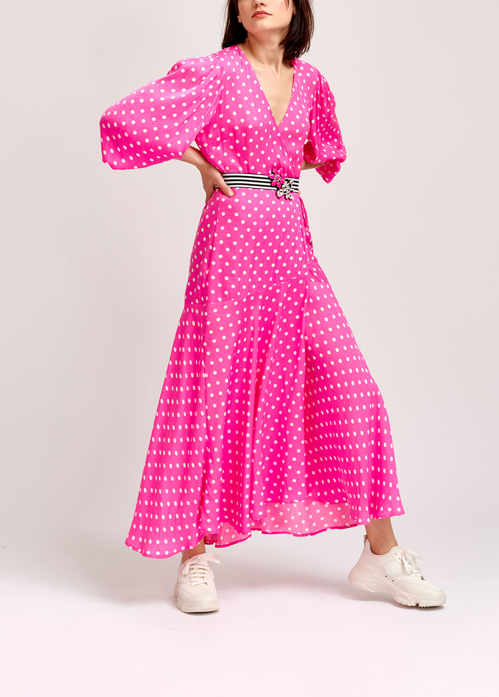 Robe maxi portefeuille rose fluo à pois RE—SSENTIEL | Essentiel second hand